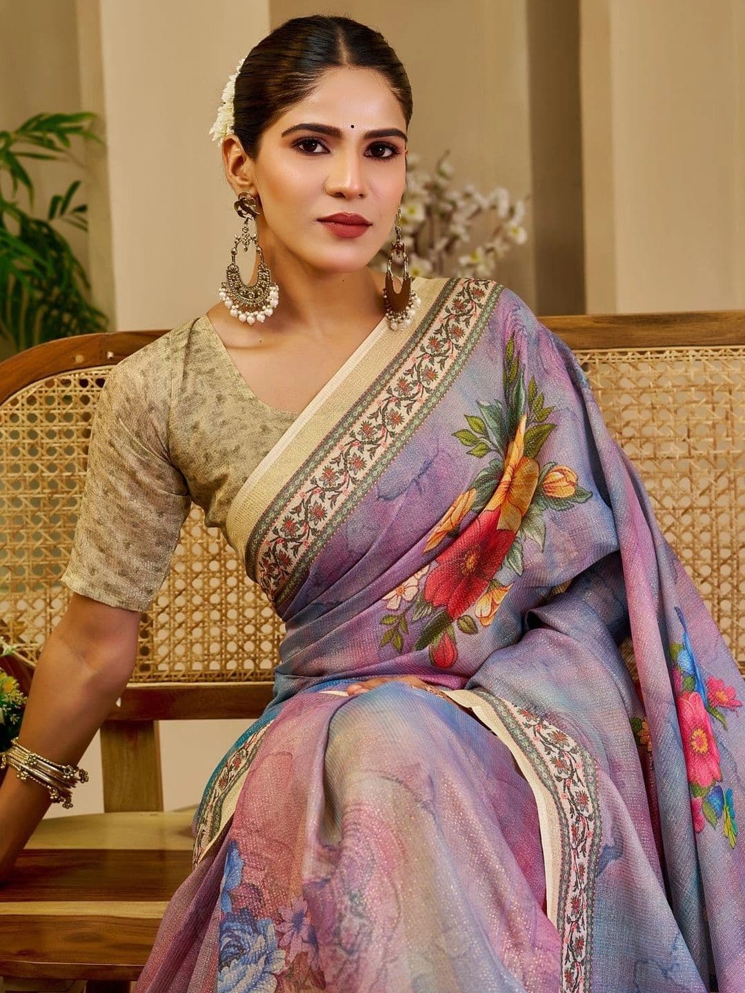 ZAMUNA Floral Tissue Designer Bhagalpuri Saree thumbnail 5