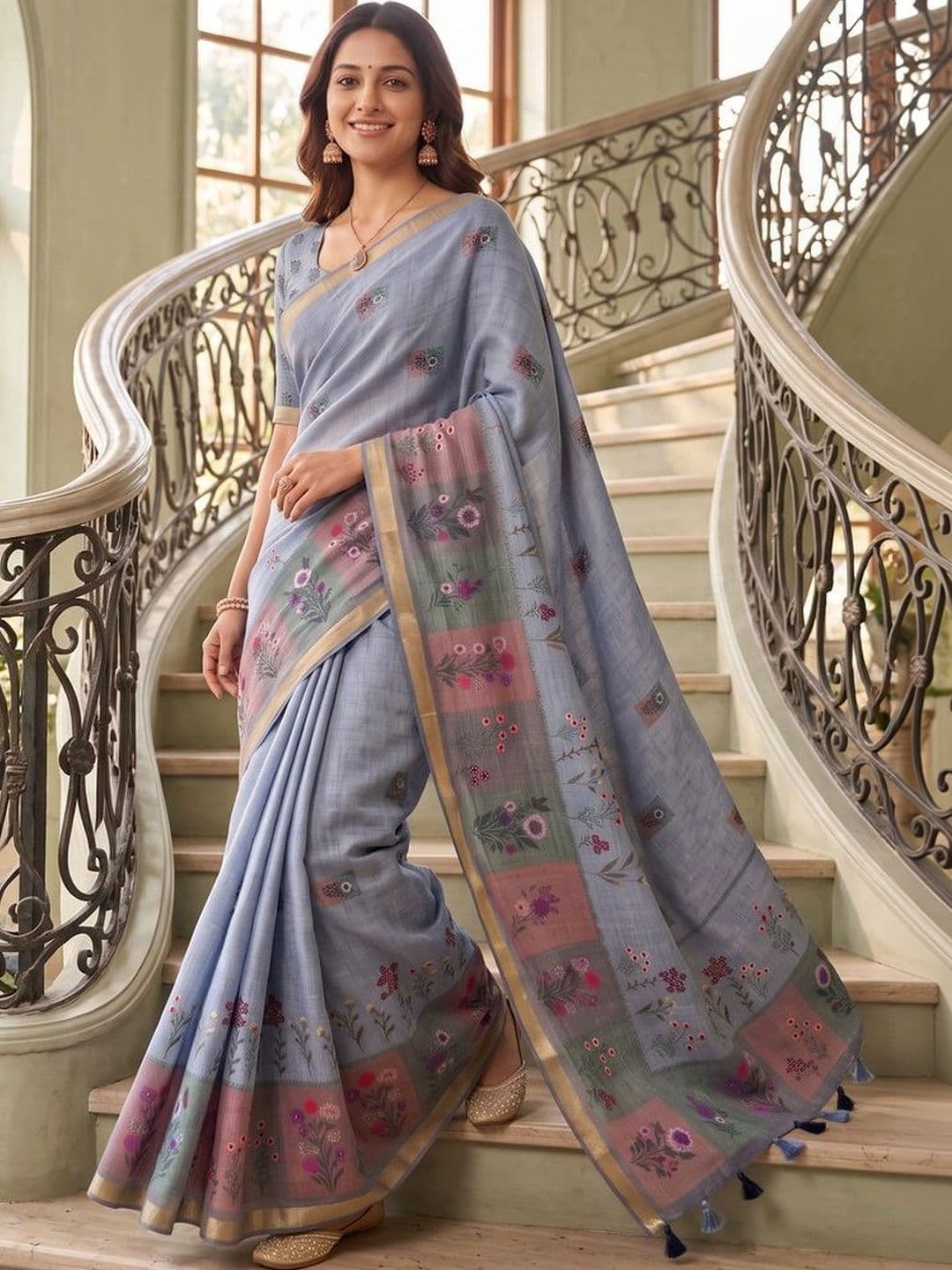 Mitera Floral Linen Blend Tussar Saree thumbnail 6