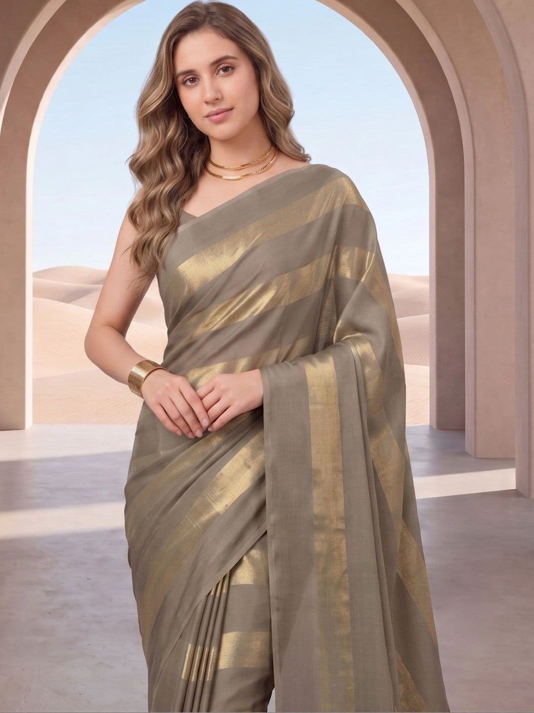 House of Vived Striped Zari Silk Blend Designer Saree thumbnail 6