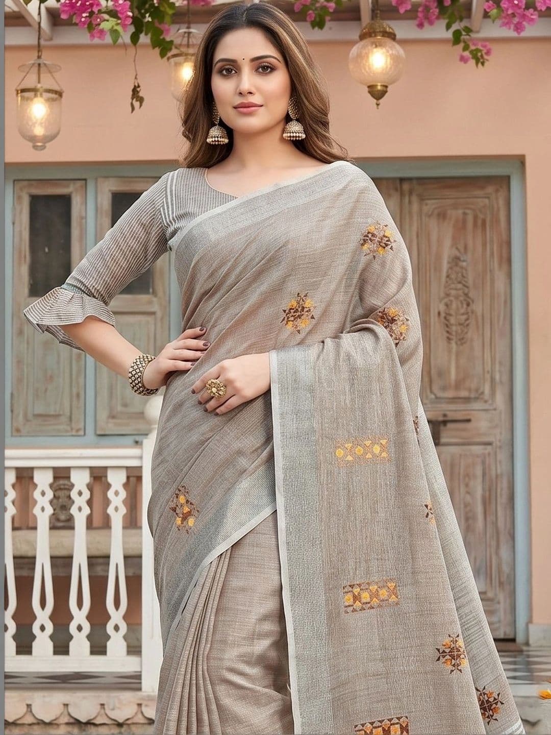 Mitera Striped Embroidered Linen Blend Saree thumbnail 2