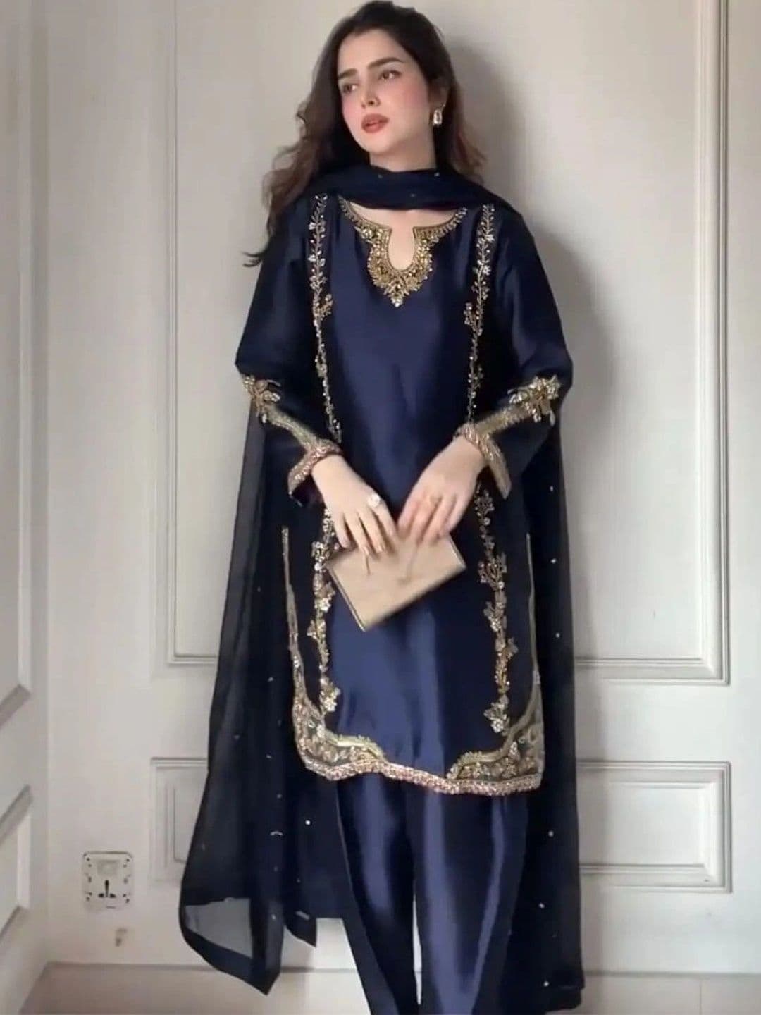 HERE&NOW Women Ethnic Motifs Embroidered Regular Silk Crepe Kurta with Patiala & With Dupatta - view 1