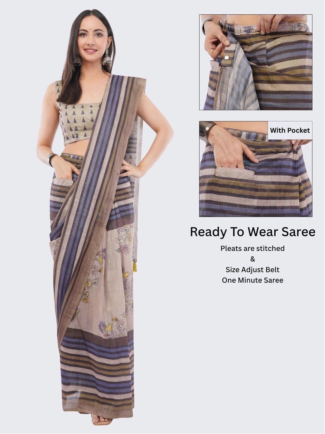 SAMANTHA Striped Linen Blend Belted Saree thumbnail 4