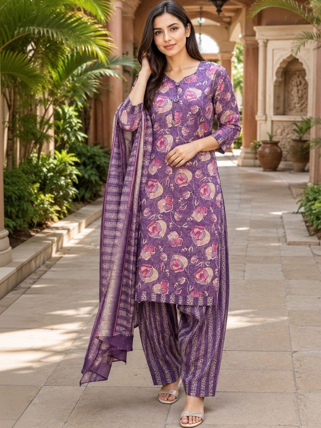 Merira Women Floral Printed Regular Kurta with Patiala & With Dupatta - view 1