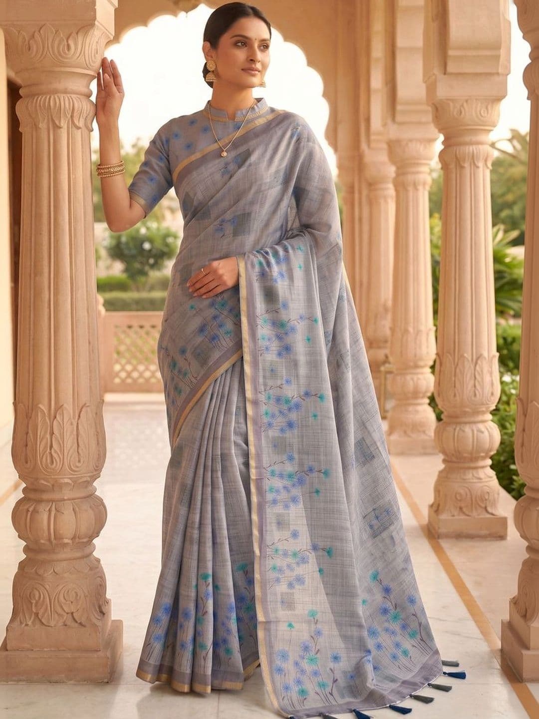 Mitera Floral Linen Blend Tussar Saree thumbnail 6