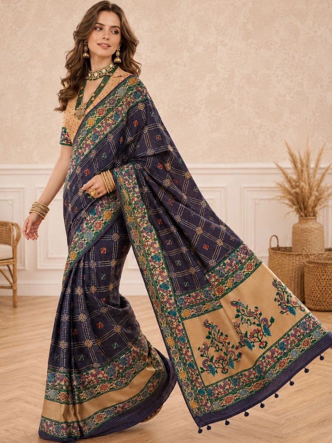 all about you Ethnic Motifs Zari Silk Blend Designer Paithani Saree thumbnail 5