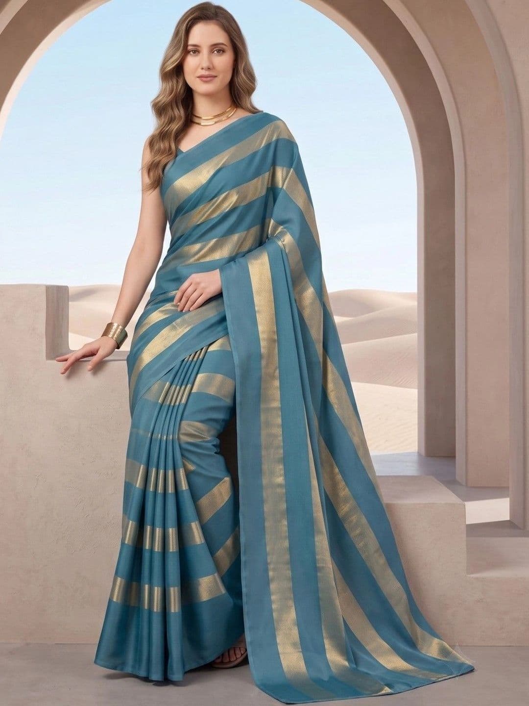 House of Vived Striped Zari Silk Blend Designer Saree thumbnail 3
