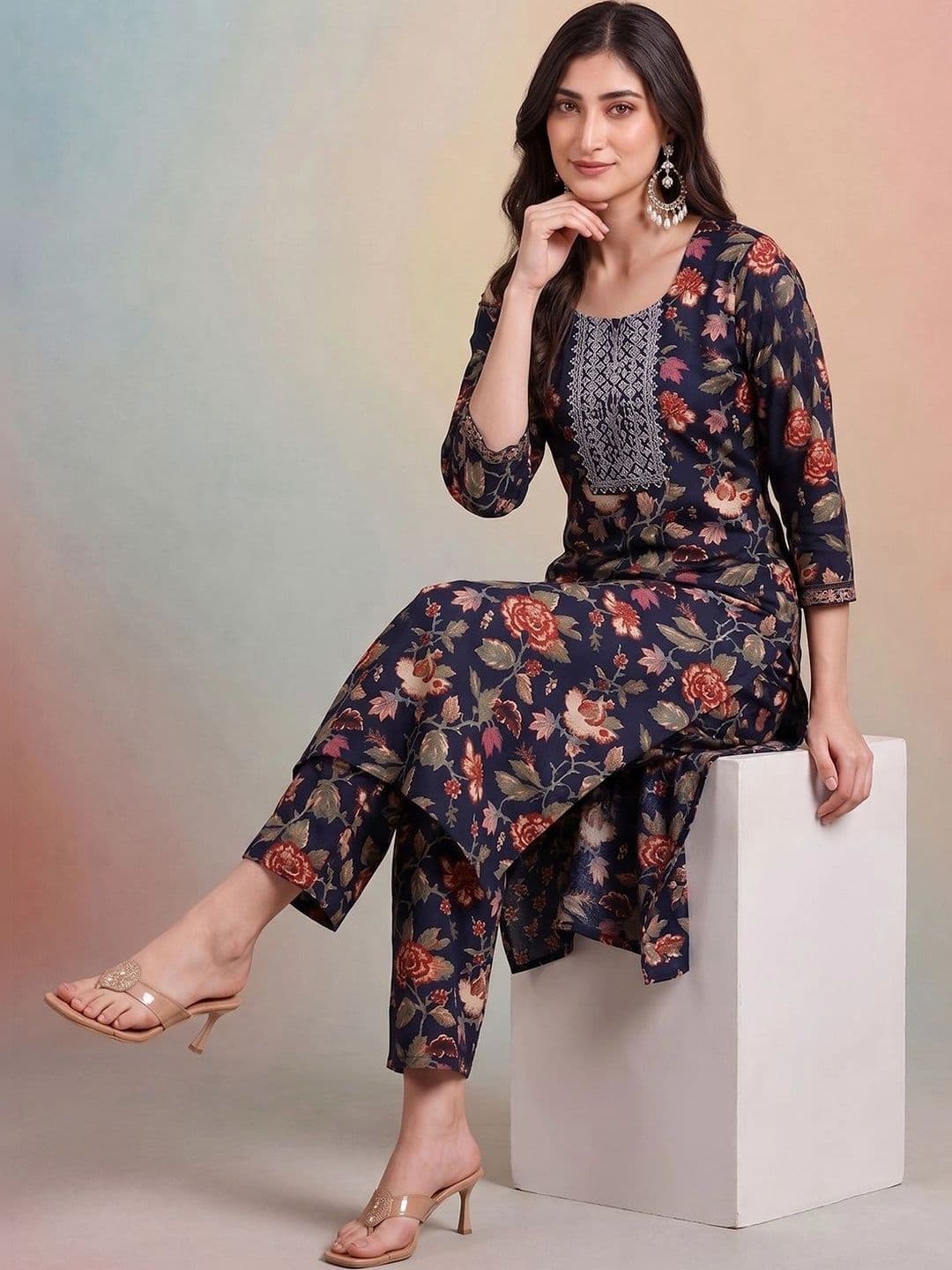AADVIKA Women Floral Printed Regular Thread Work Kurta with Trousers & With Dupatta thumbnail 7