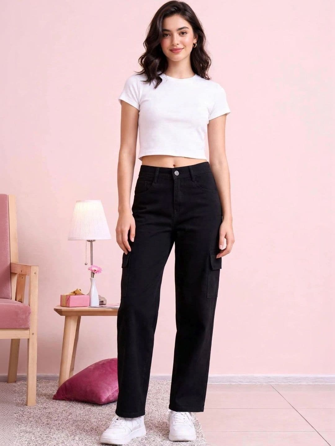 HERE&NOW Women's Jet Black Mid-Rise Wide-Leg Cargo Jeans - view 1
