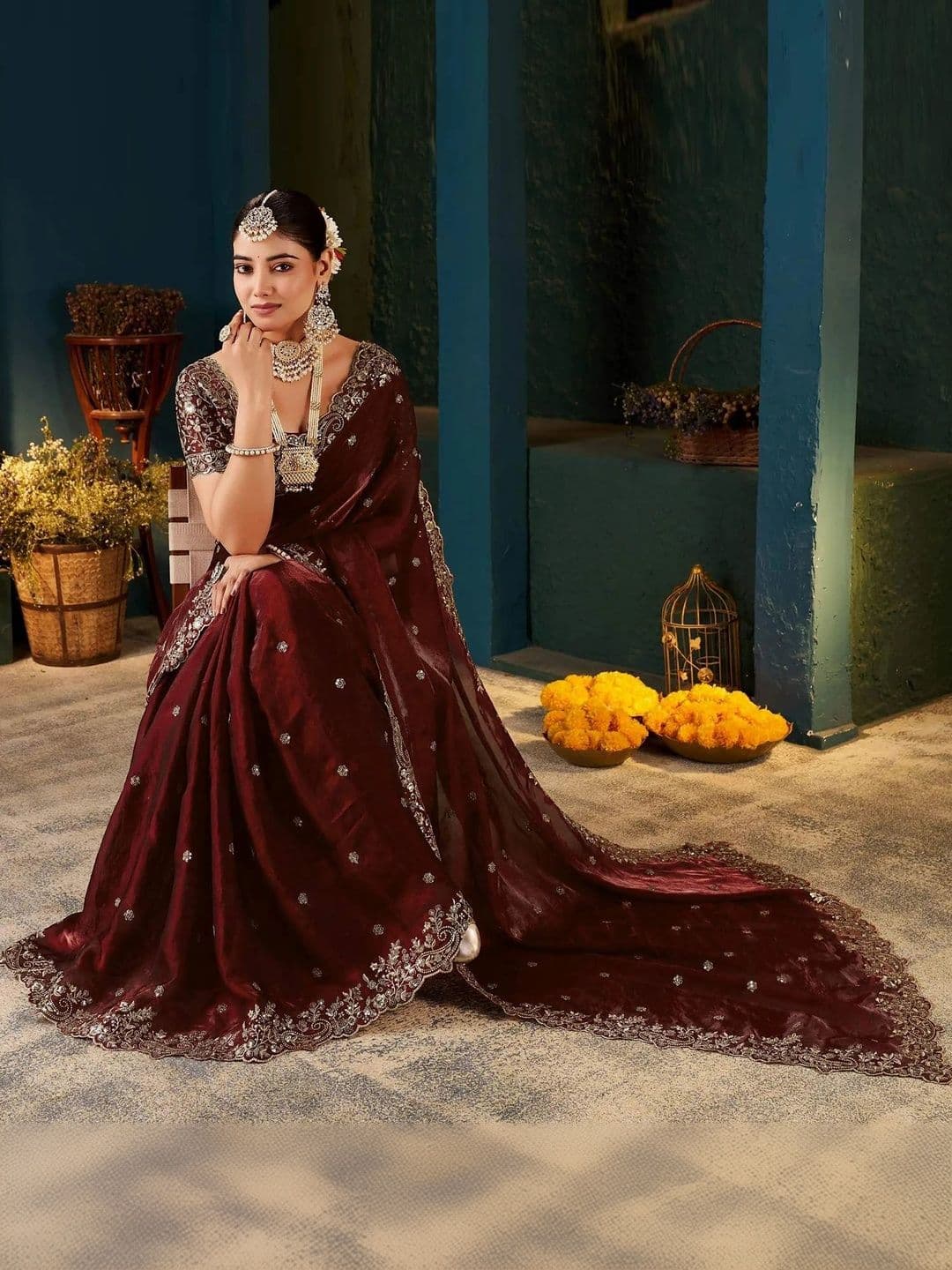 Sangria Floral Embroidered Organza Leheriya Saree thumbnail 2