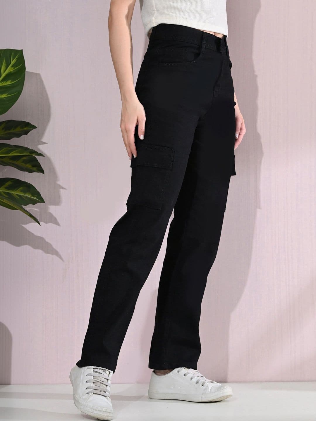 HERE&NOW Women's Jet Black Mid-Rise Straight Leg Cargo Jeans - view 1