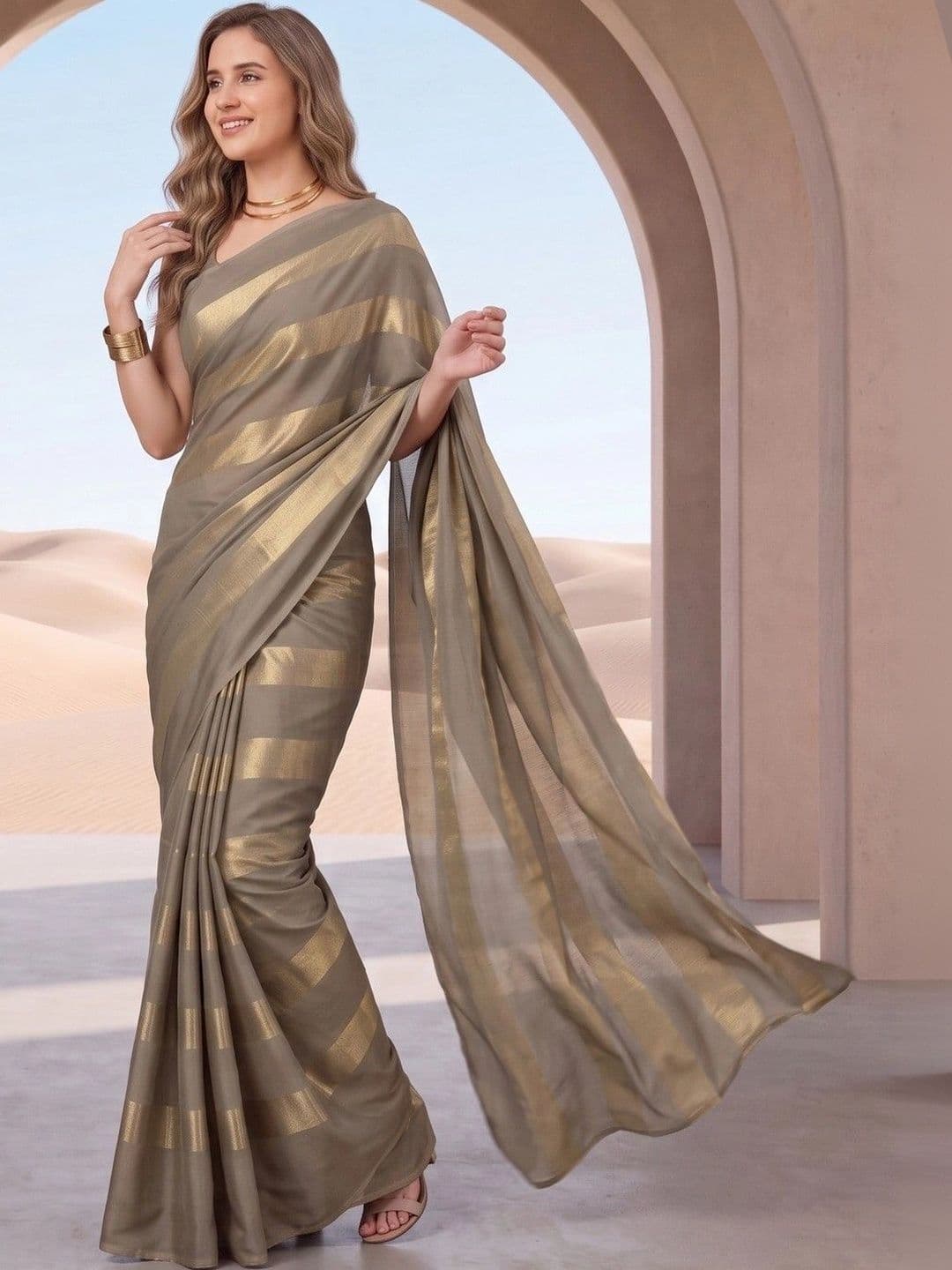 House of Vived Striped Zari Silk Blend Designer Saree thumbnail 3