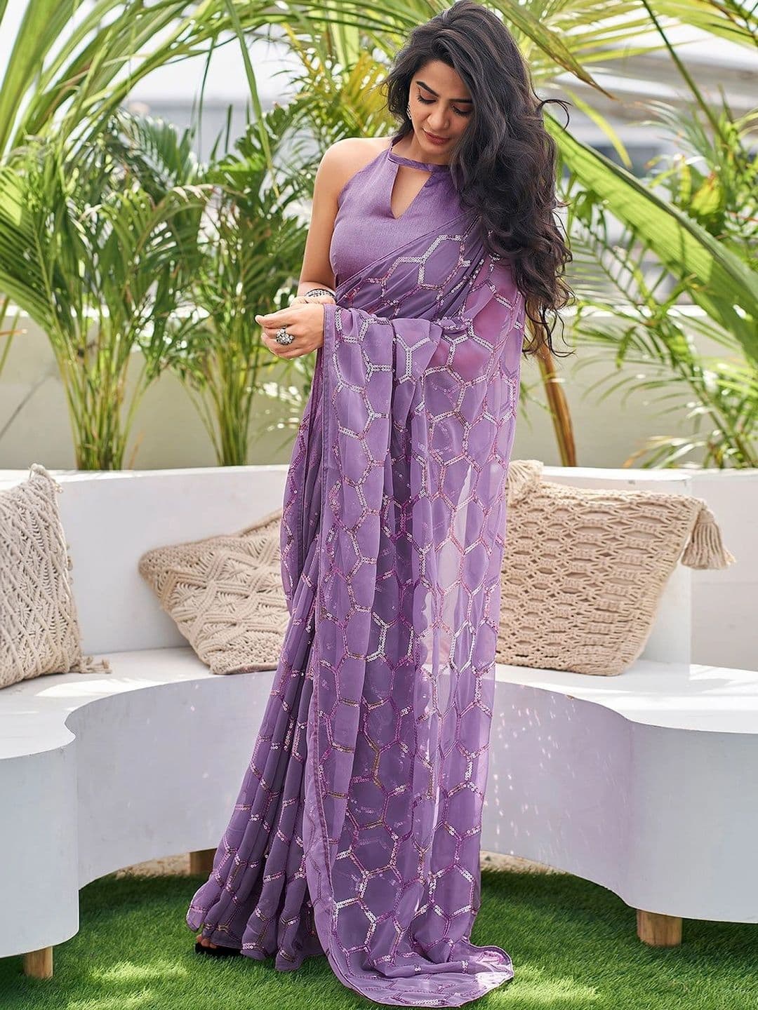 SANISA Ethnic Motifs Sequinned Pure Georgette Saree thumbnail 6