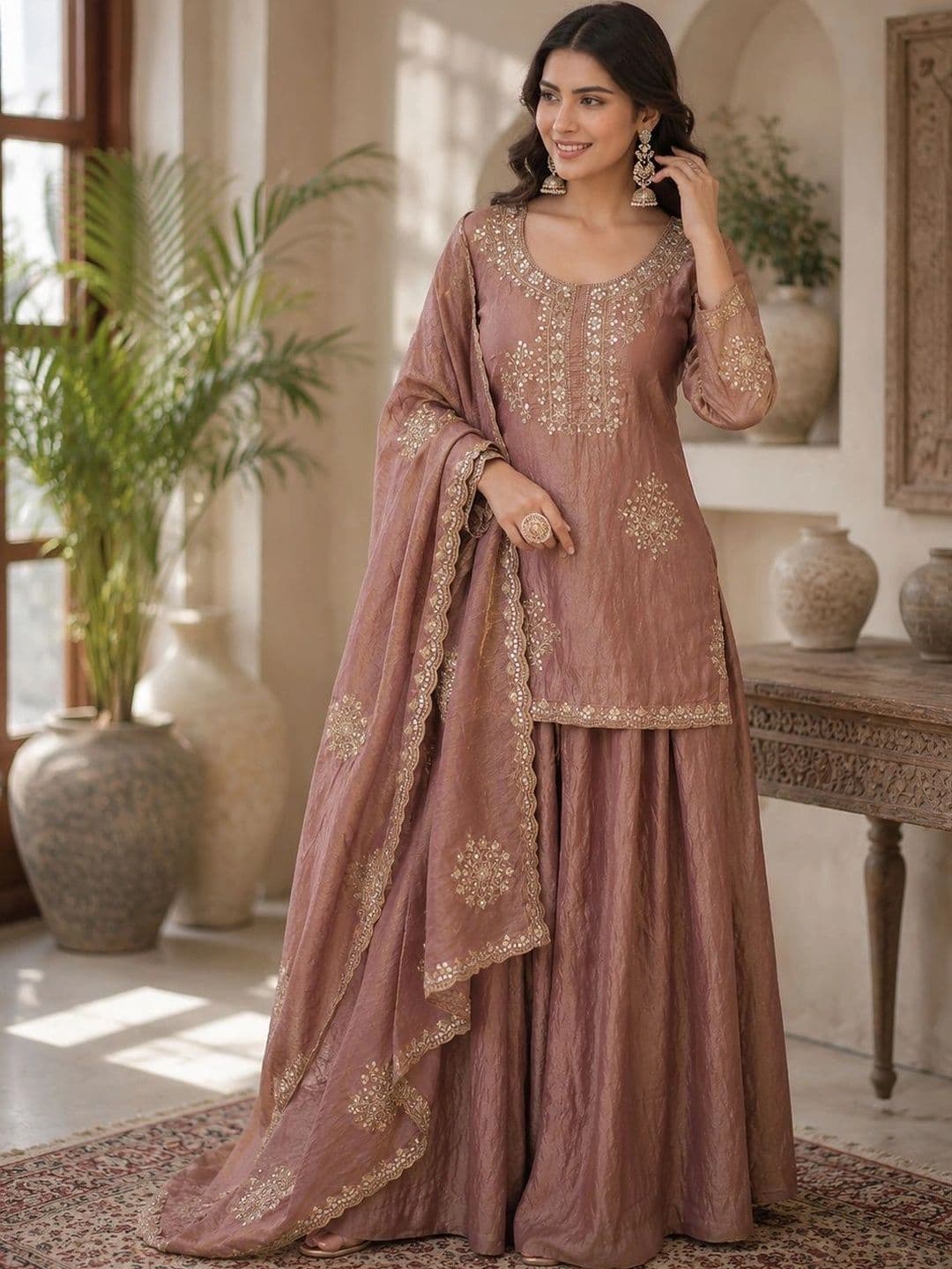 KALINI Women Embroidered Regular Dupion Silk Kurta with Sharara & With Dupatta - view 1