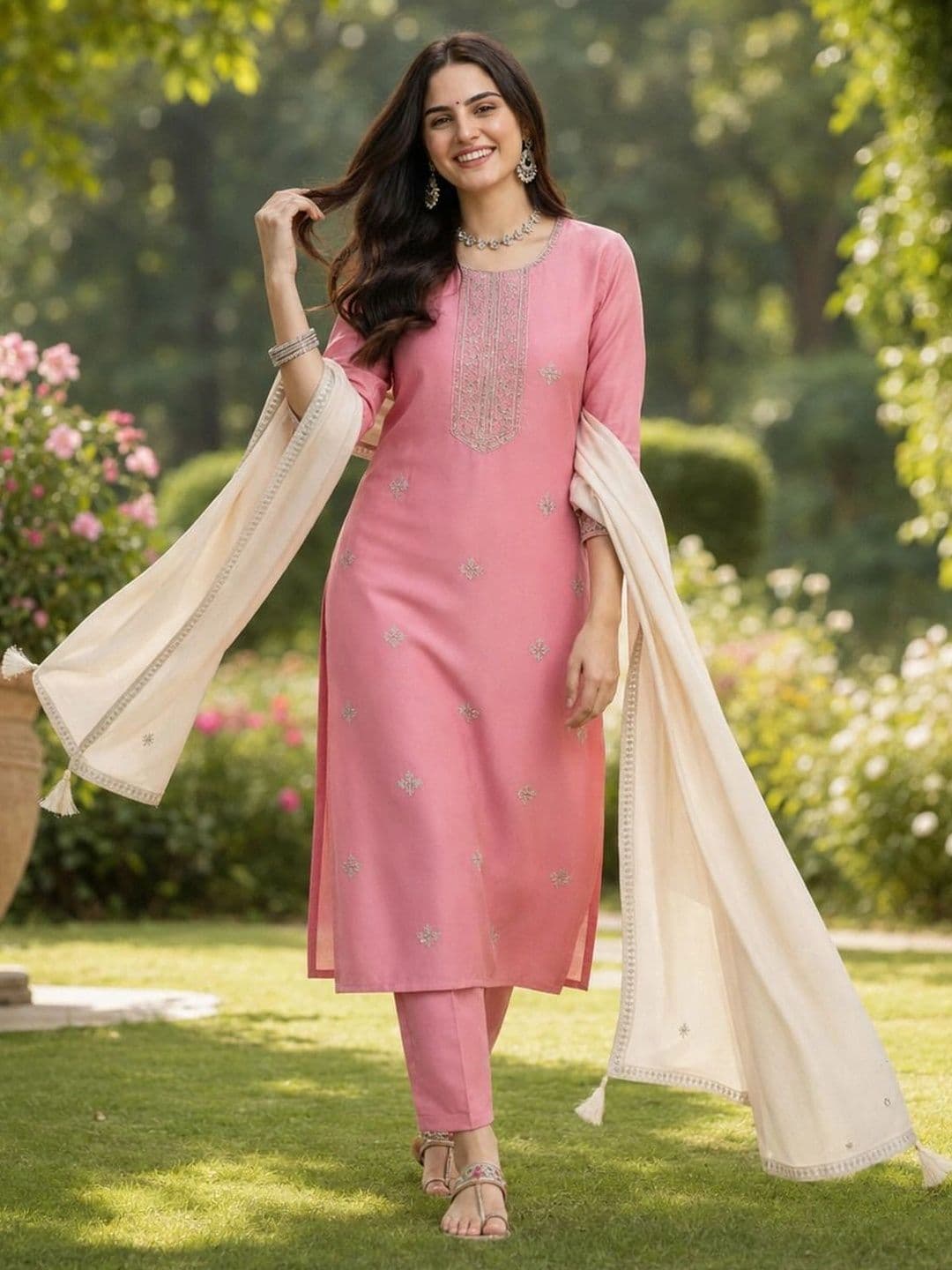 Orriya Women Ethnic Motifs Embroidered Regular Thread Work Kurta with Trousers & With Dupatta thumbnail 5