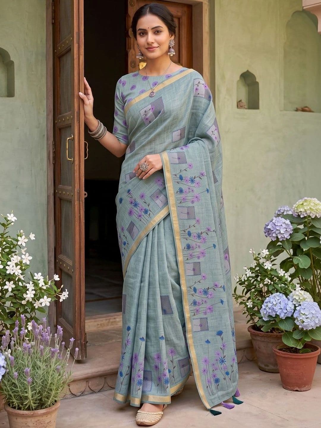 Mitera Floral Linen Blend Tussar Saree - view 1
