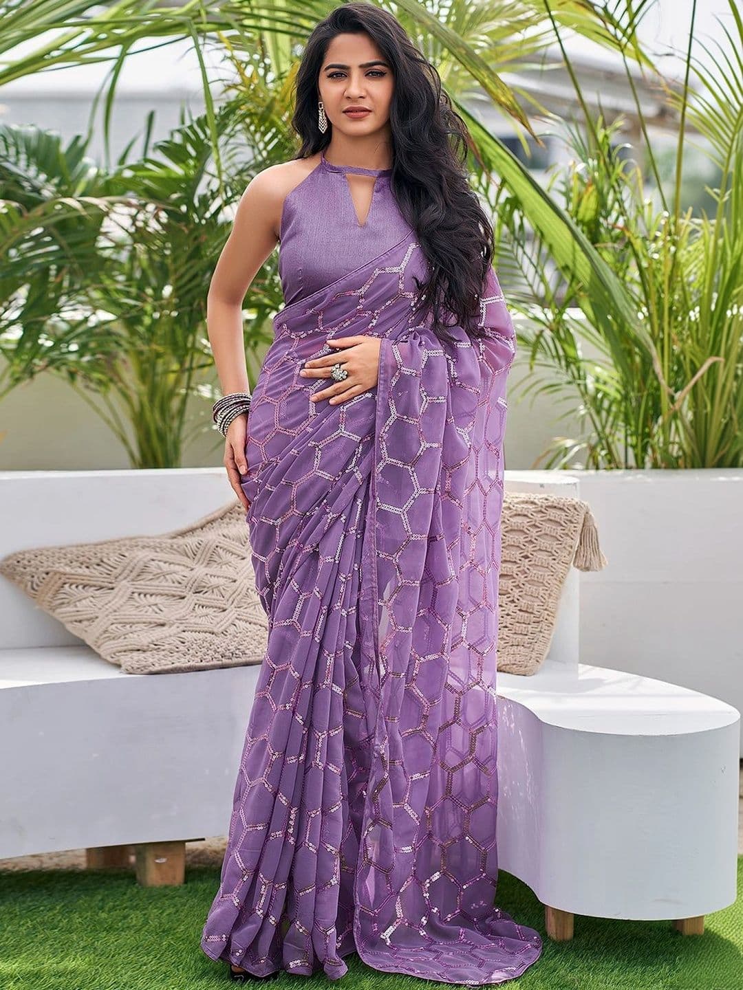 SANISA Ethnic Motifs Sequinned Pure Georgette Saree - view 1
