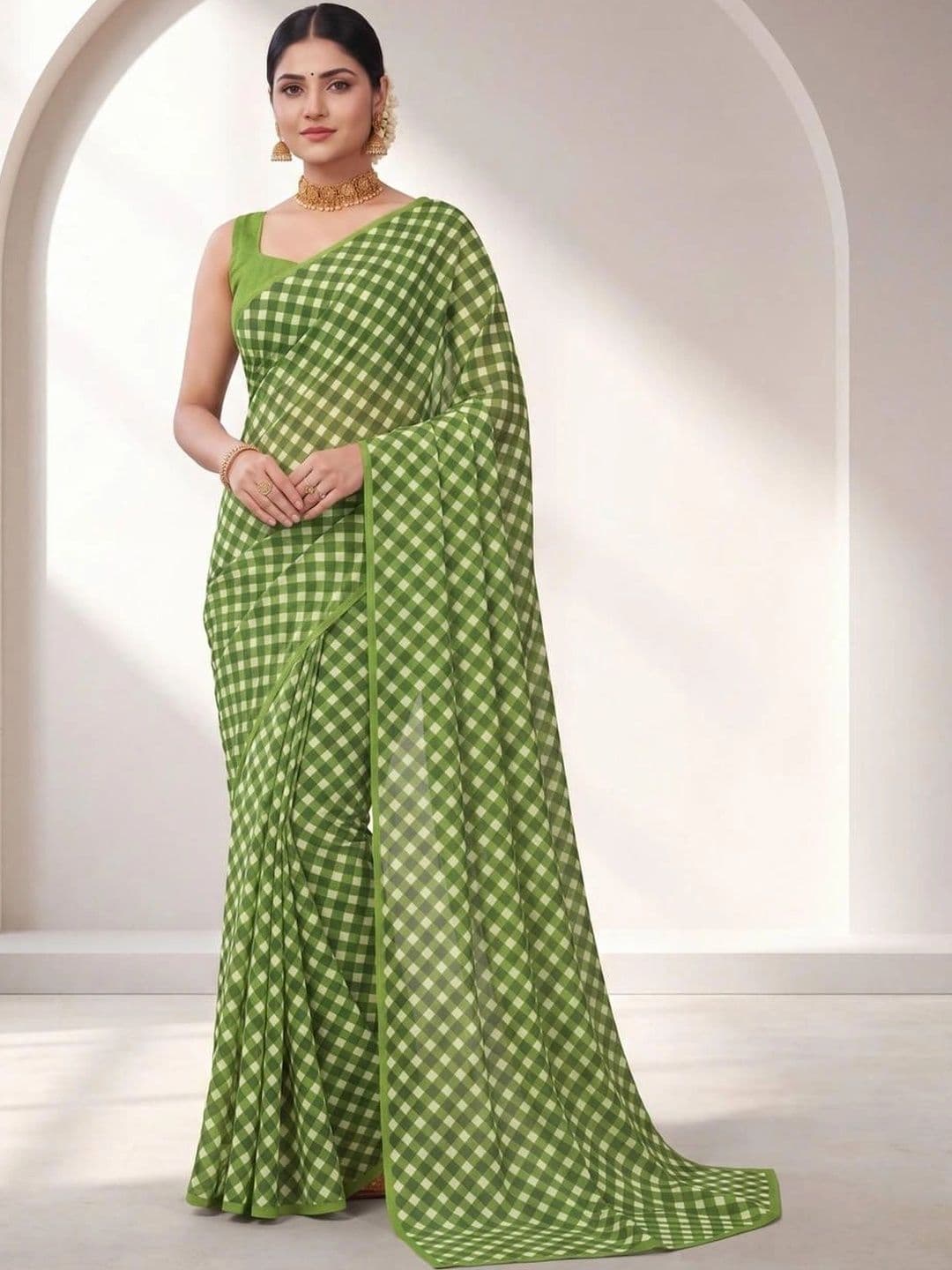 SAMANTHA Checked Poly Georgette Saree thumbnail 3
