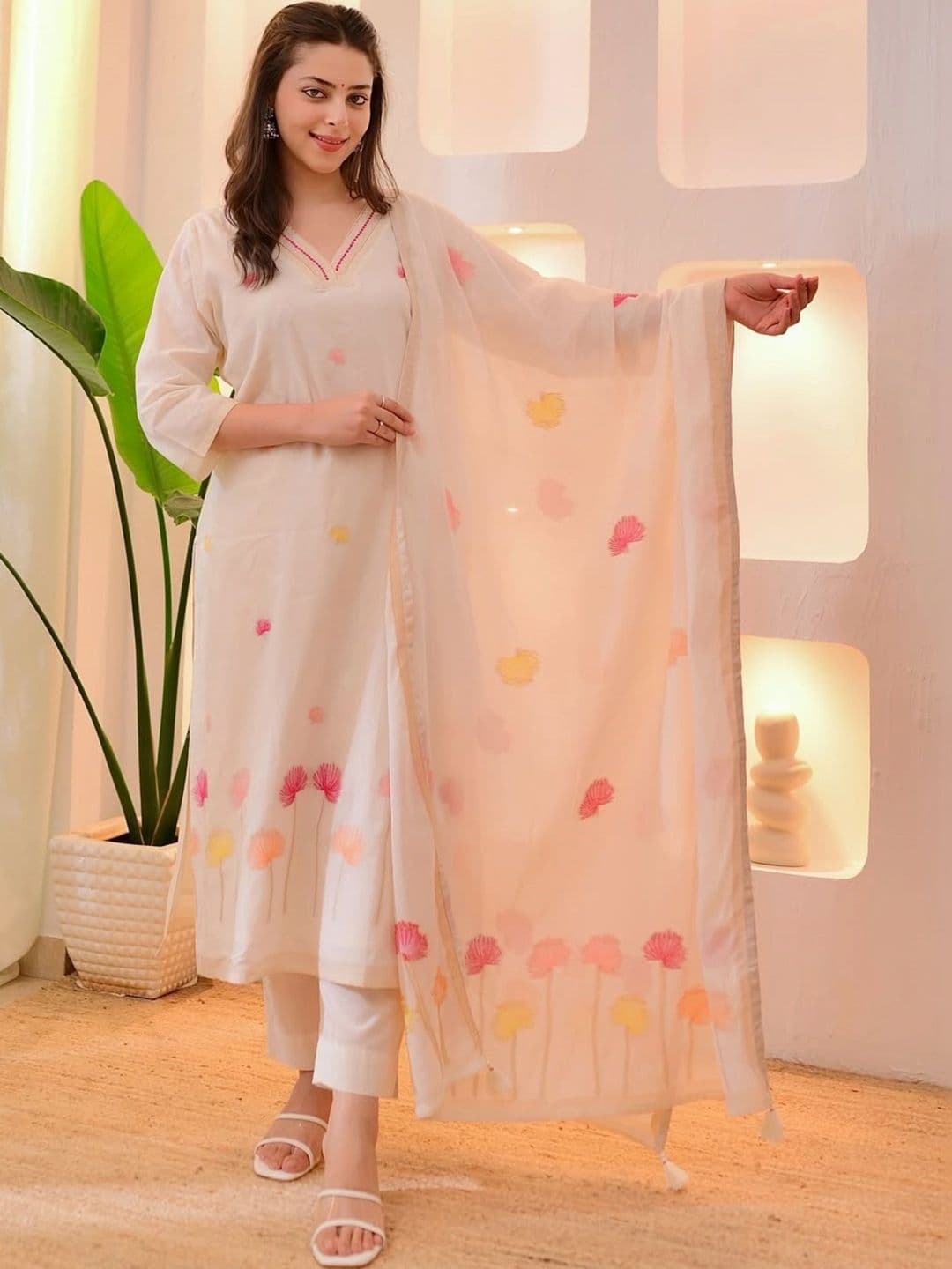 KALINI Women Floral Printed Regular Kurta with Trousers & With Dupatta thumbnail 2