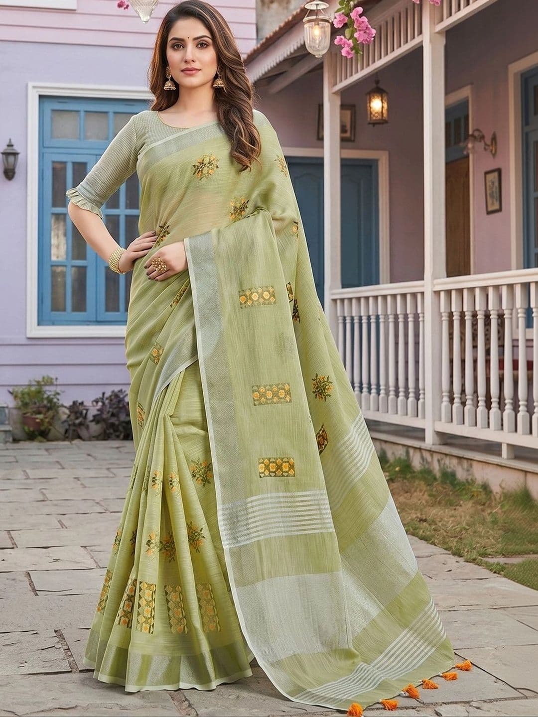 Mitera Woven Design Embroidered Linen Blend Saree - view 1