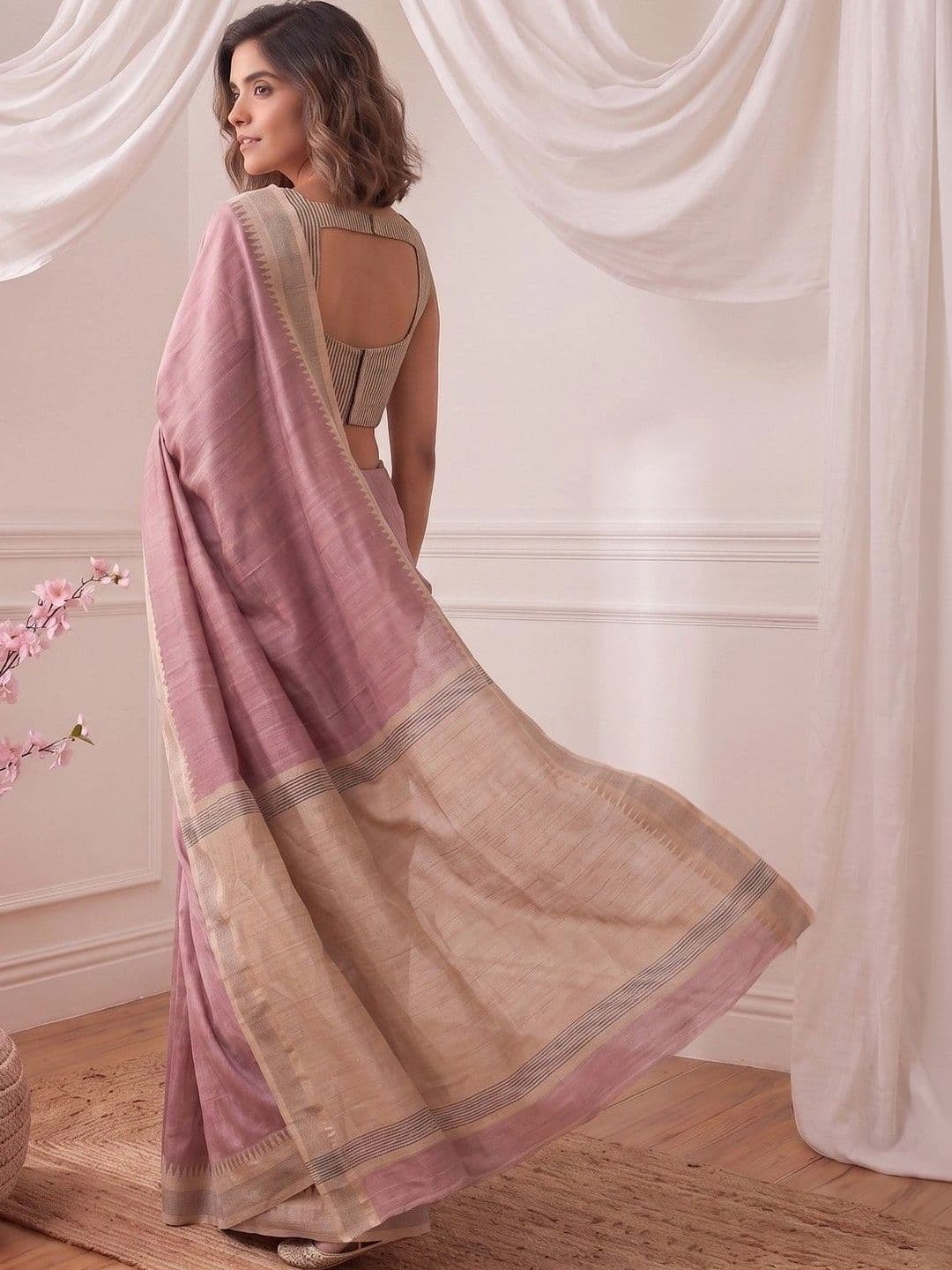 House of Vived Striped Silk Blend Designer Saree thumbnail 2