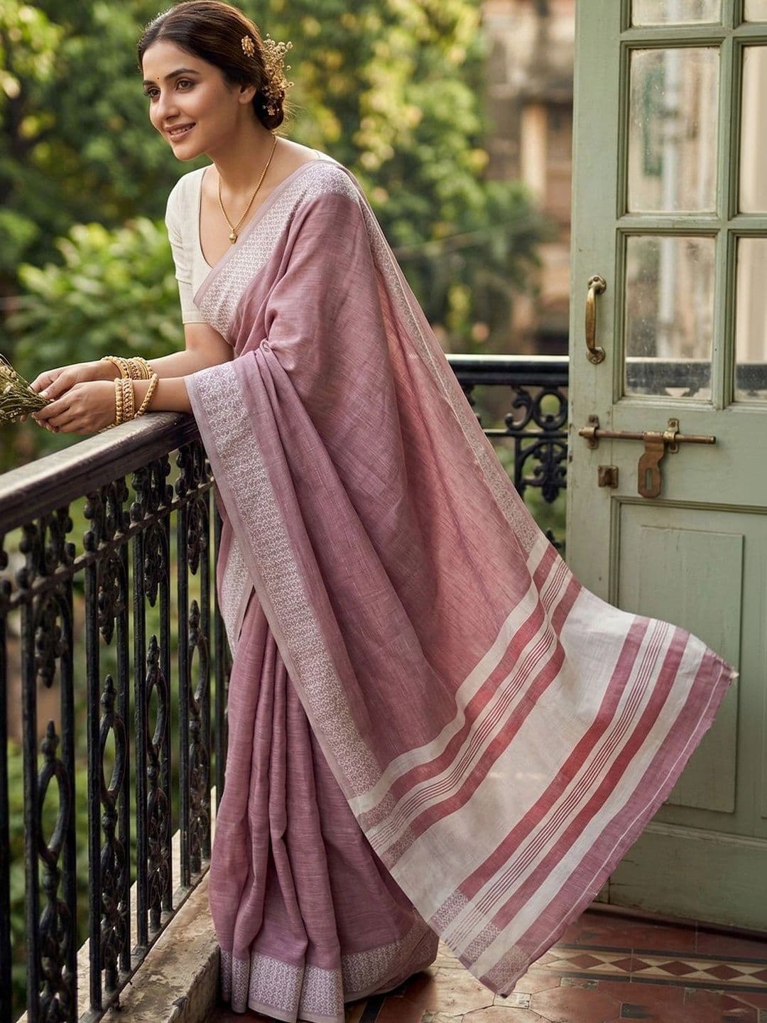 Mitera Striped Linen Blend Saree thumbnail 3