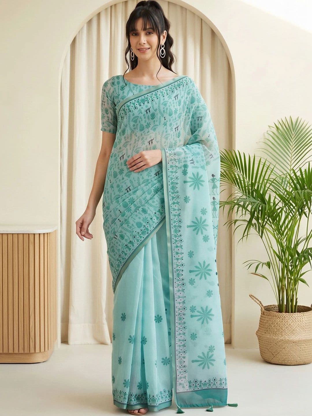 Sangria Warli Linen Blend Designer Block Print Saree thumbnail 6
