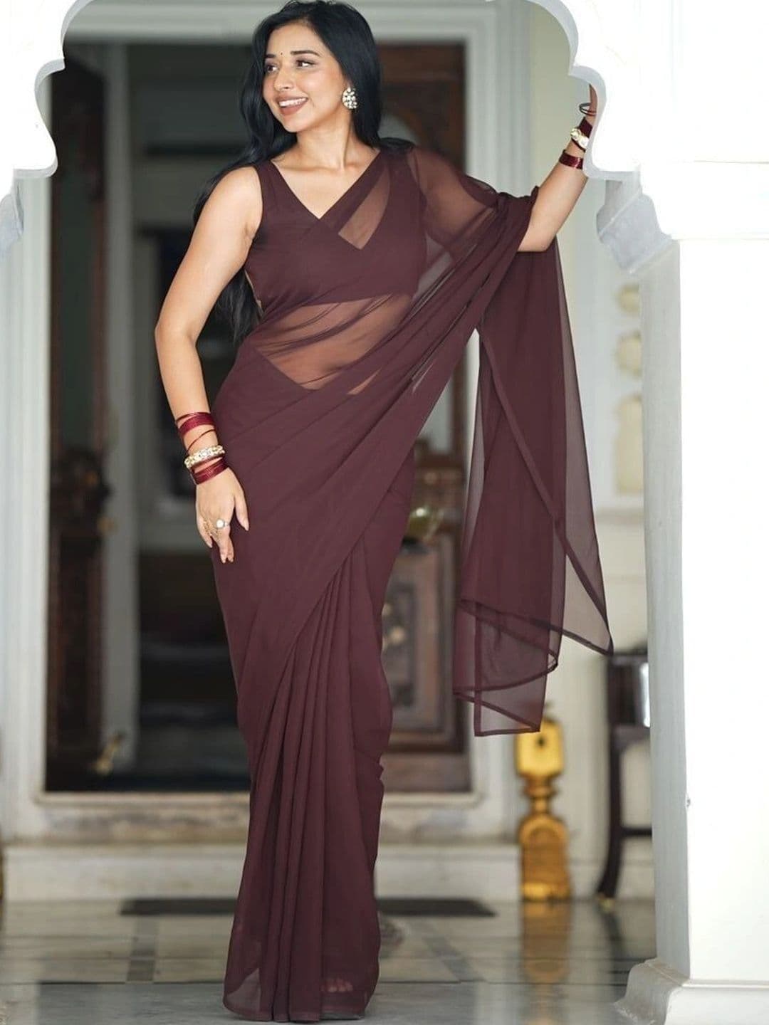Sangria Poly Georgette Designer Maheshwari Saree - view 1