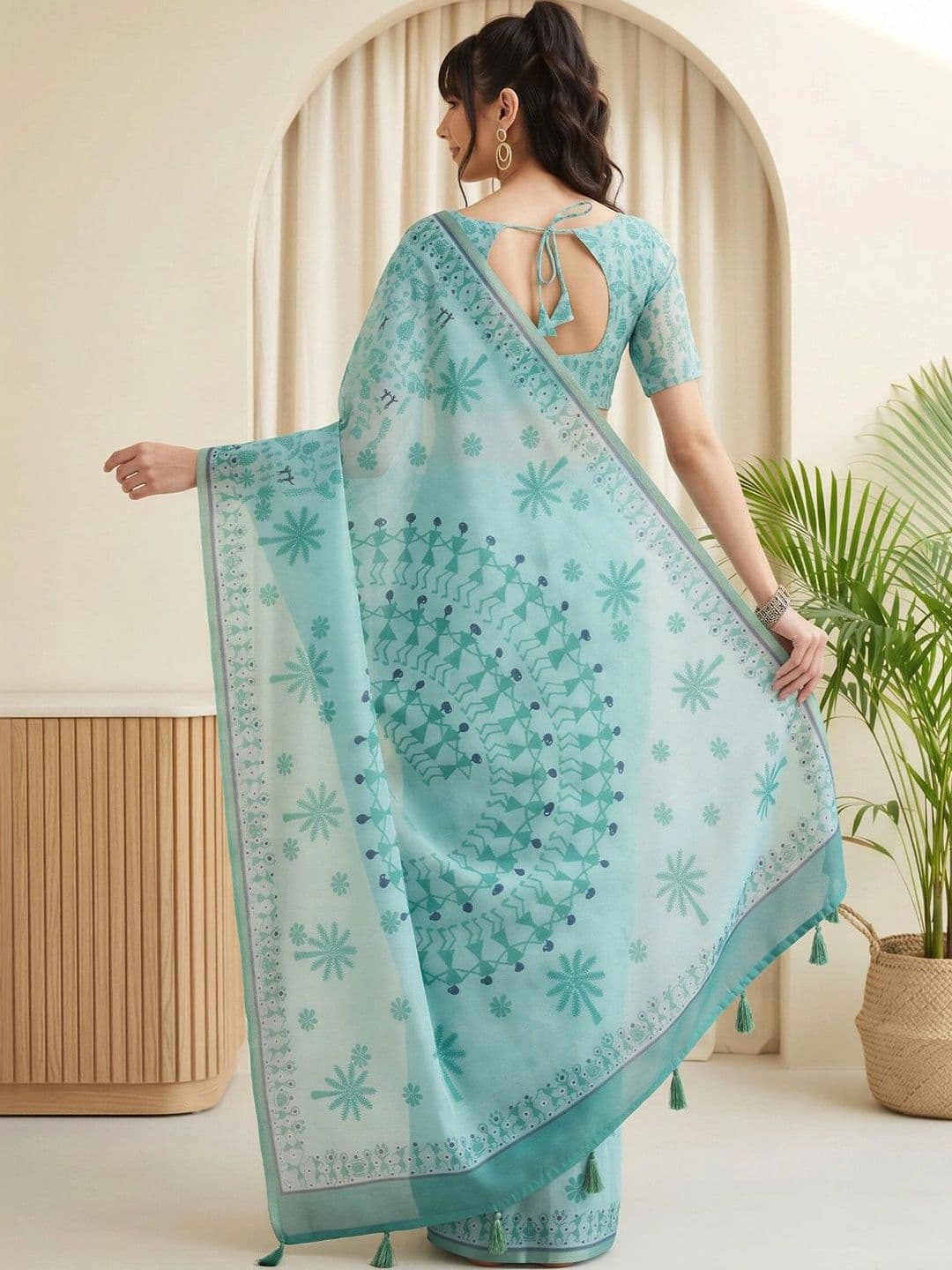 Sangria Warli Linen Blend Designer Block Print Saree thumbnail 7