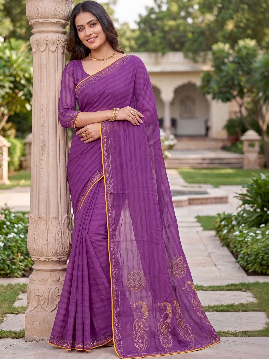 Jaipur Vogue Striped Embroidered Poly Georgette Saree thumbnail 2