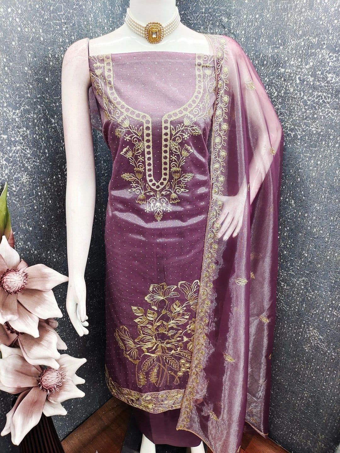 TAVAS Embroidered Organza Unstitched Dress Material thumbnail 3