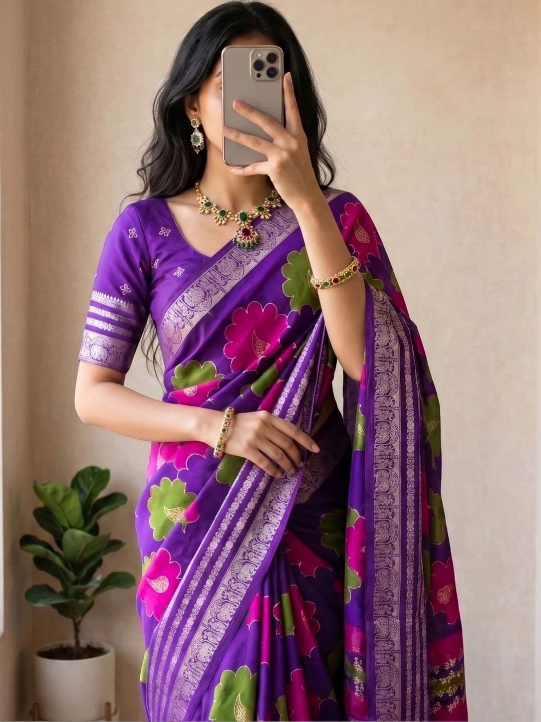 BOLOKA Floral Zari Art Silk Designer Saree - view 1