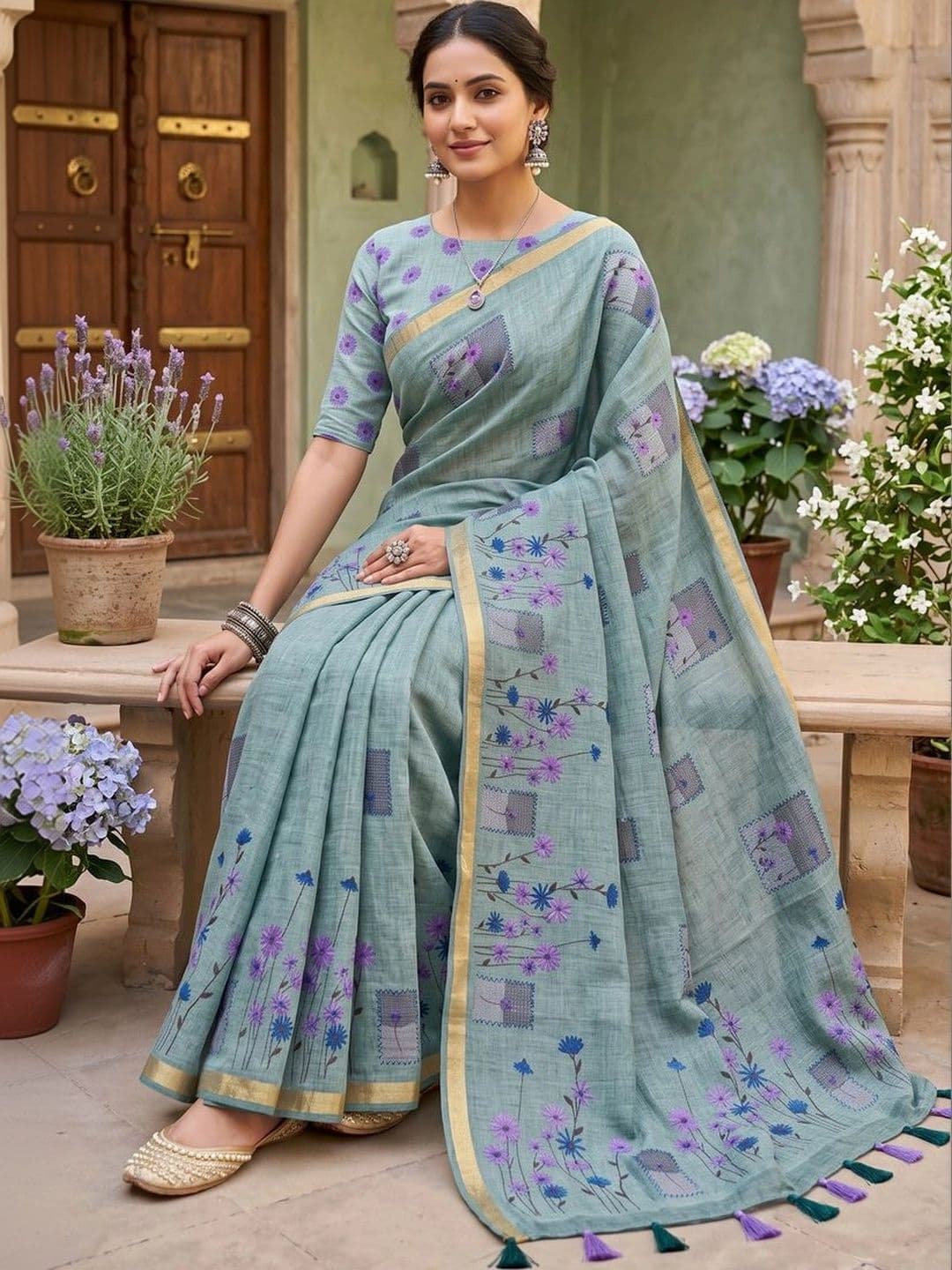 Mitera Floral Linen Blend Tussar Saree thumbnail 5