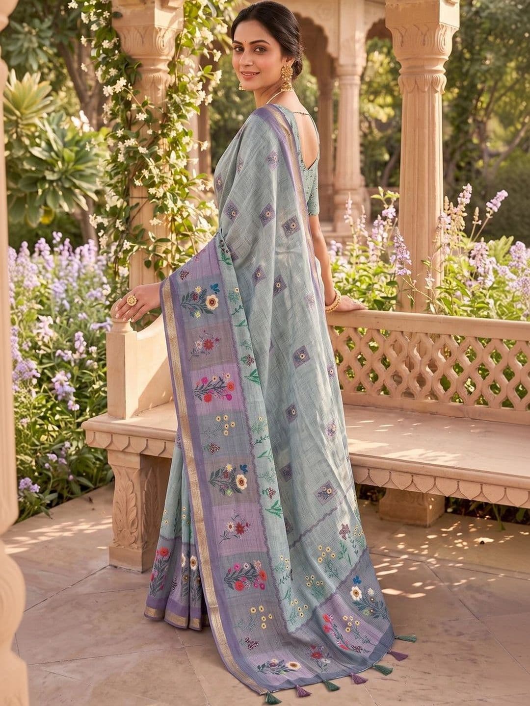Mitera Floral Linen Blend Tussar Saree thumbnail 2