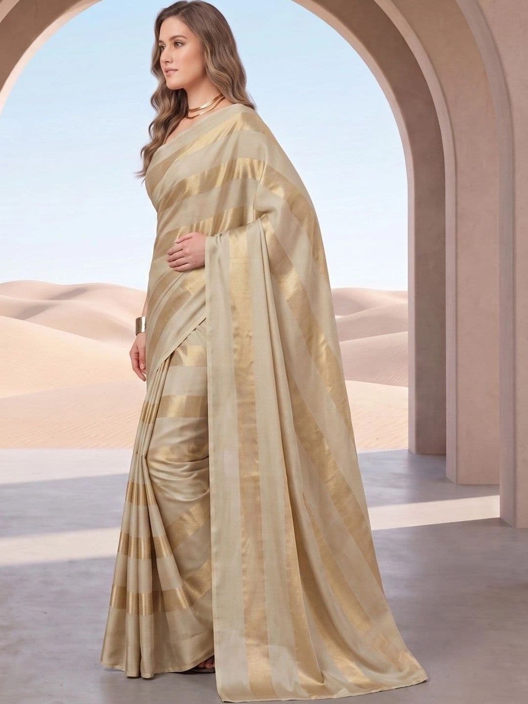 House of Vived Striped Zari Silk Blend Designer Saree thumbnail 6