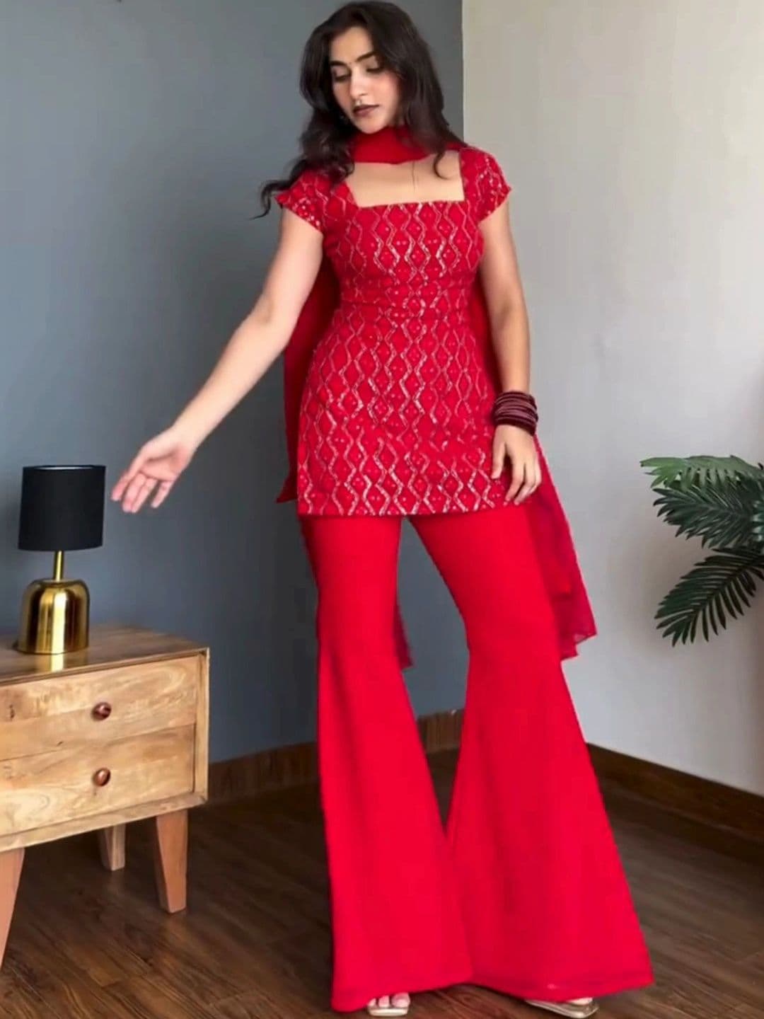 HERE&NOW Women Ethnic Motifs Embroidered Regular Sequinned Kurta with Palazzos & With Dupatta thumbnail 7