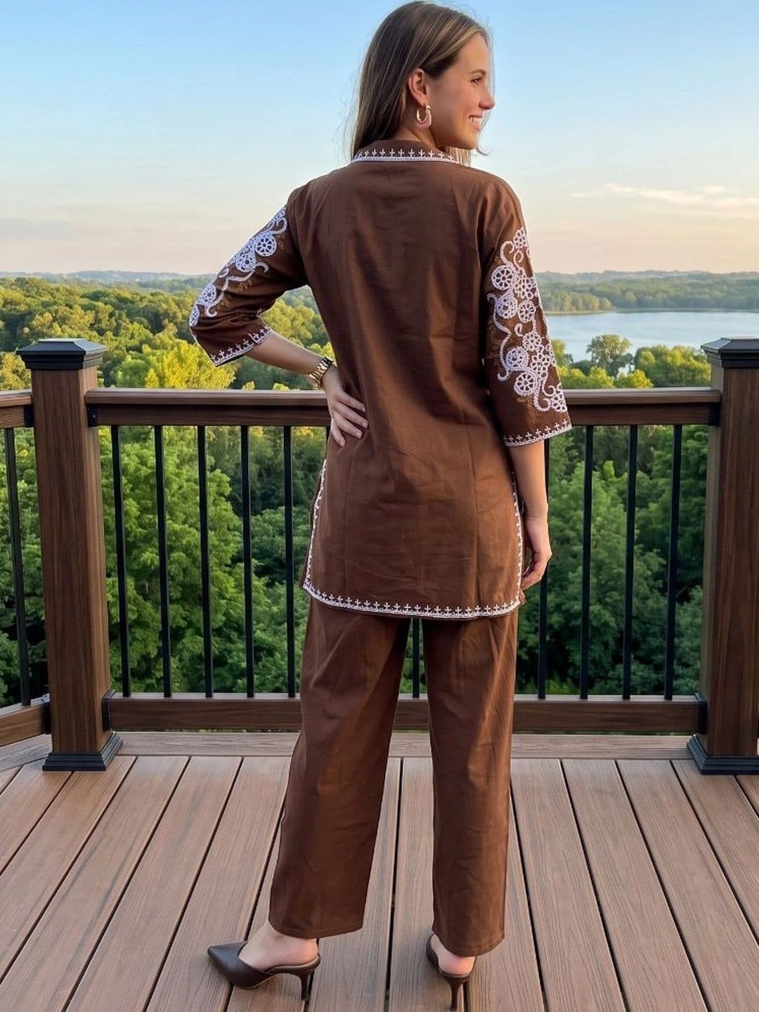 KALINI Women Ethnic Motifs Embroidered Regular Thread Work Pure Cotton Top with Trousers thumbnail 3