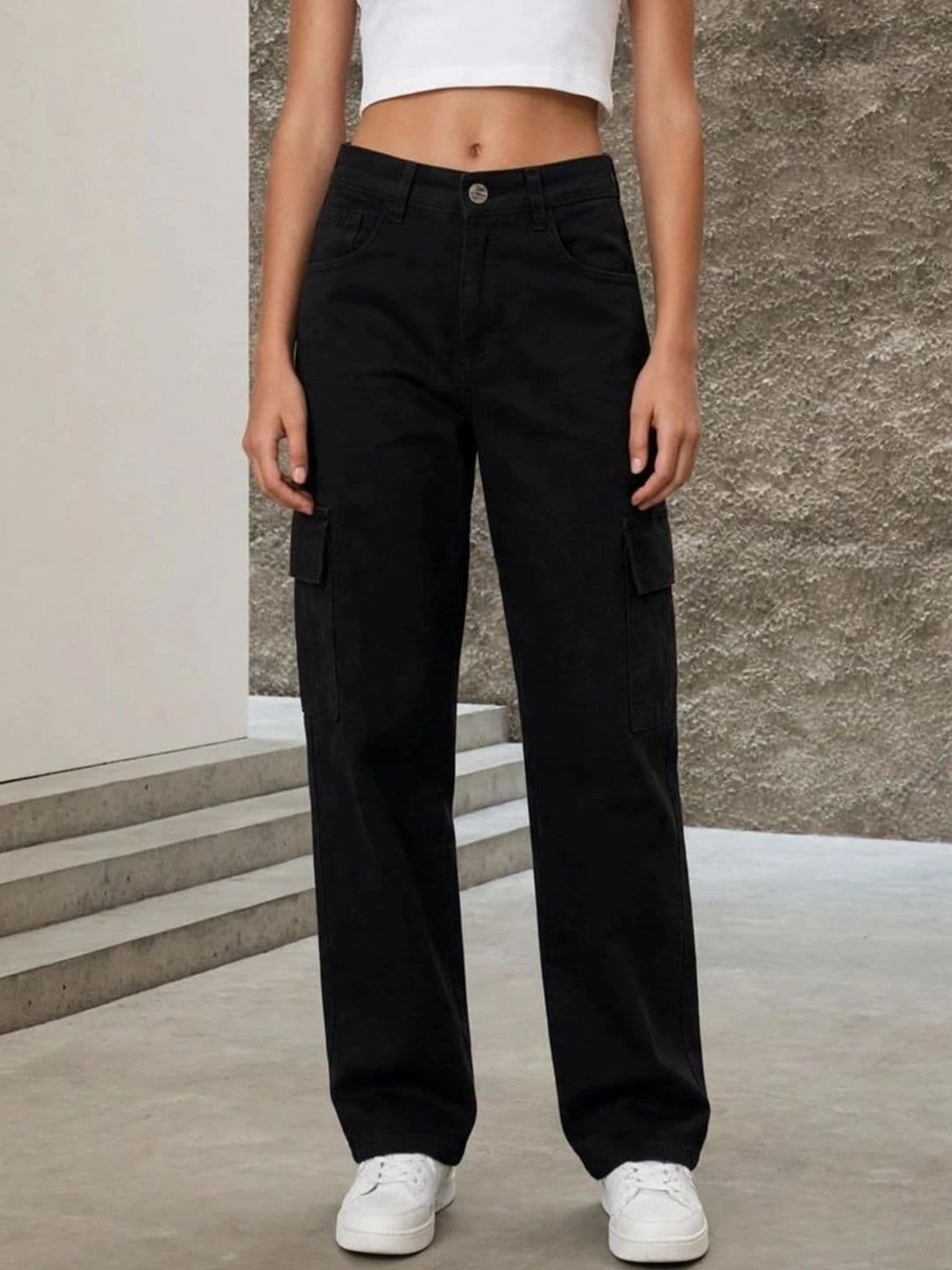 HERE&NOW Women's Jet Black Mid-Rise Cargo Relaxed Straight Fit Jeans - view 1