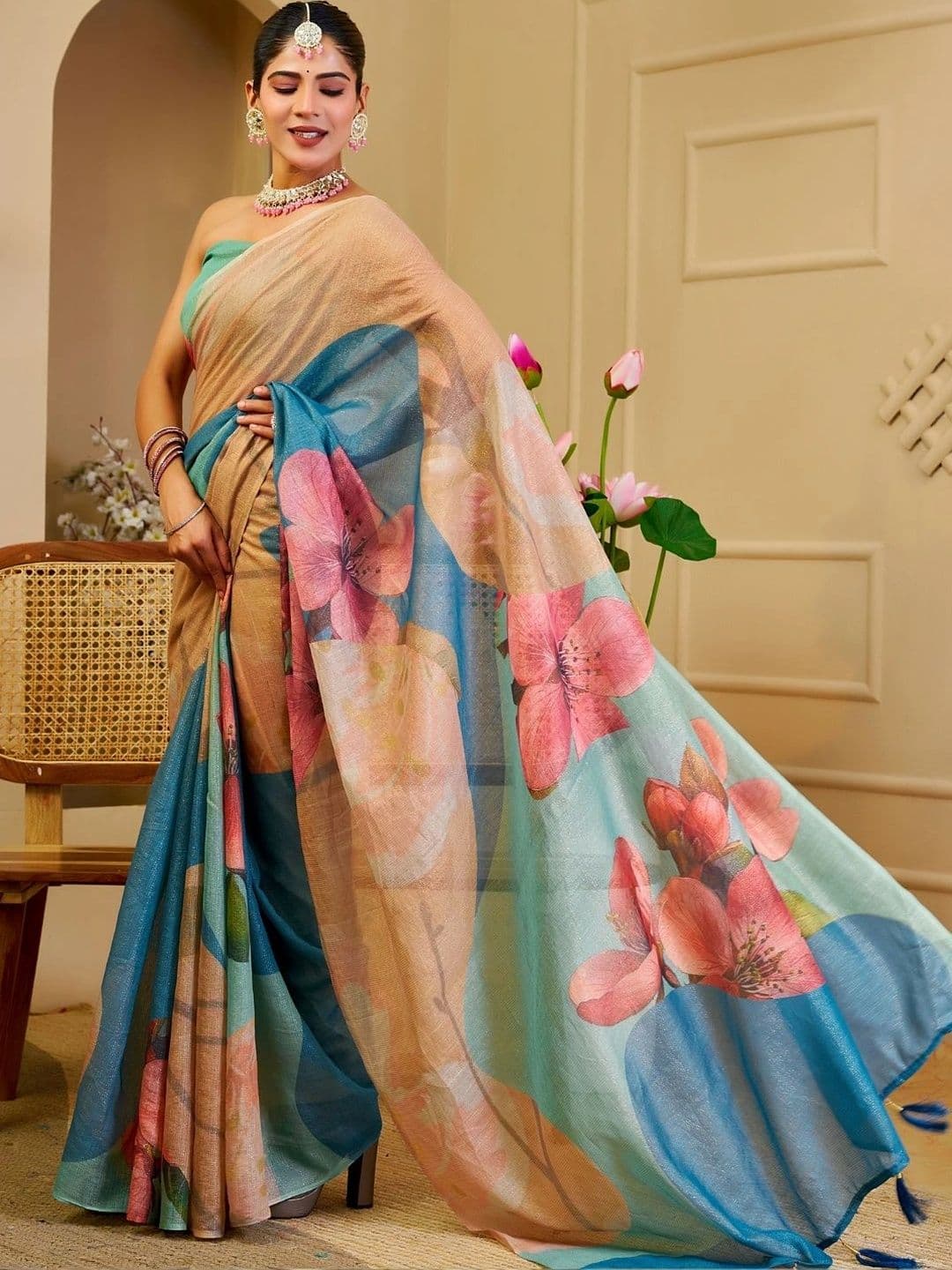 ZAMUNA Floral Tissue Designer Bhagalpuri Saree thumbnail 4