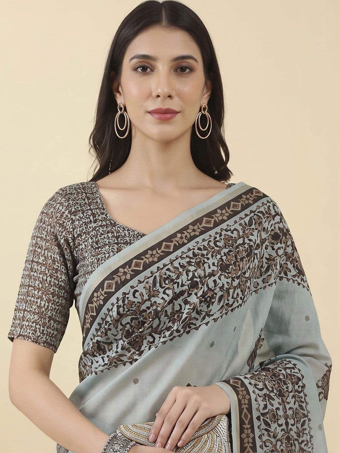 Sangria Ethnic Motifs Linen Blend Designer Block Print Saree thumbnail 6