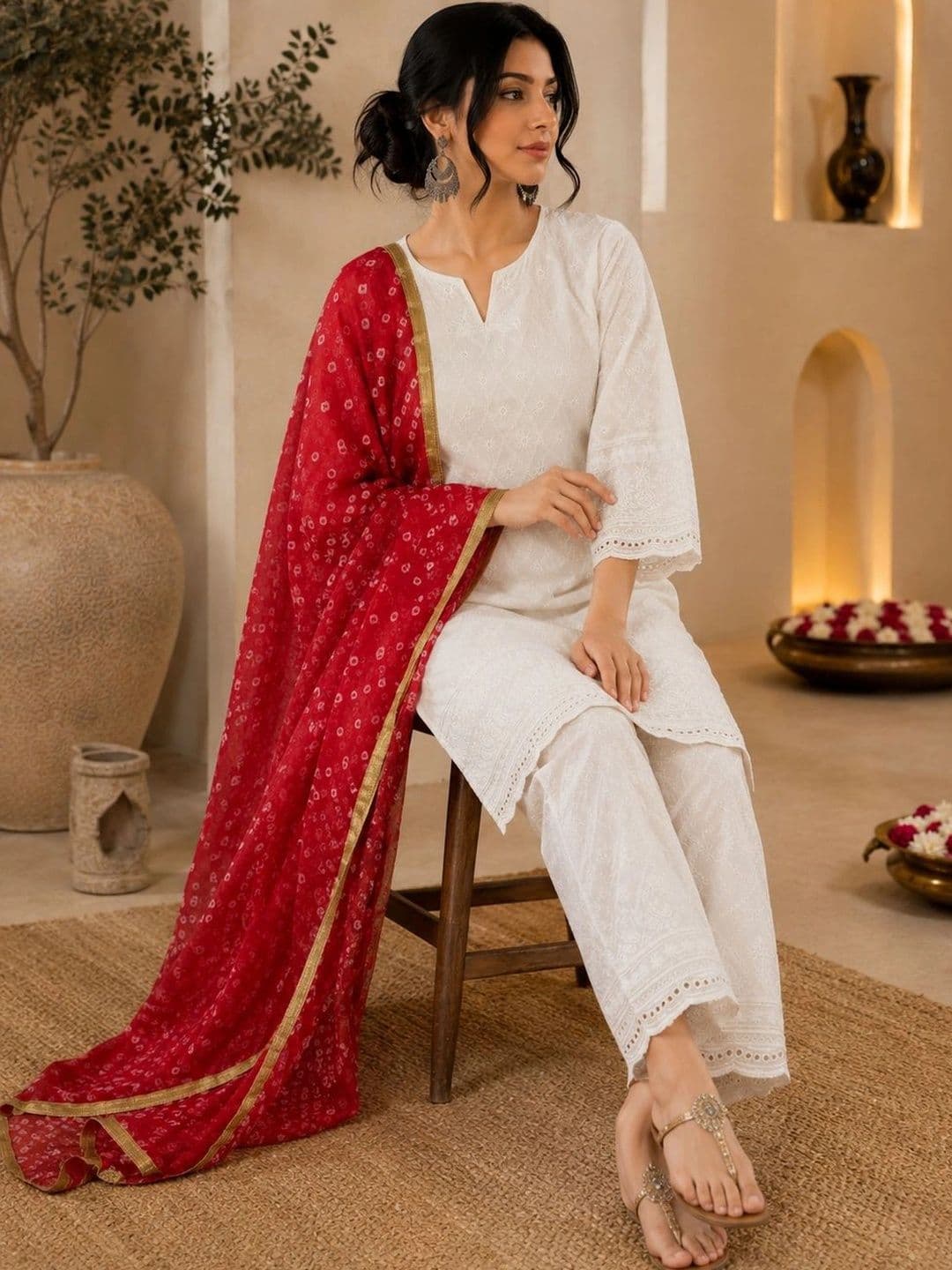 SINGNI Women Ethnic Motifs Embroidered Regular Chikankari Pure Cotton Kurta with Trousers & With Dupatta thumbnail 2