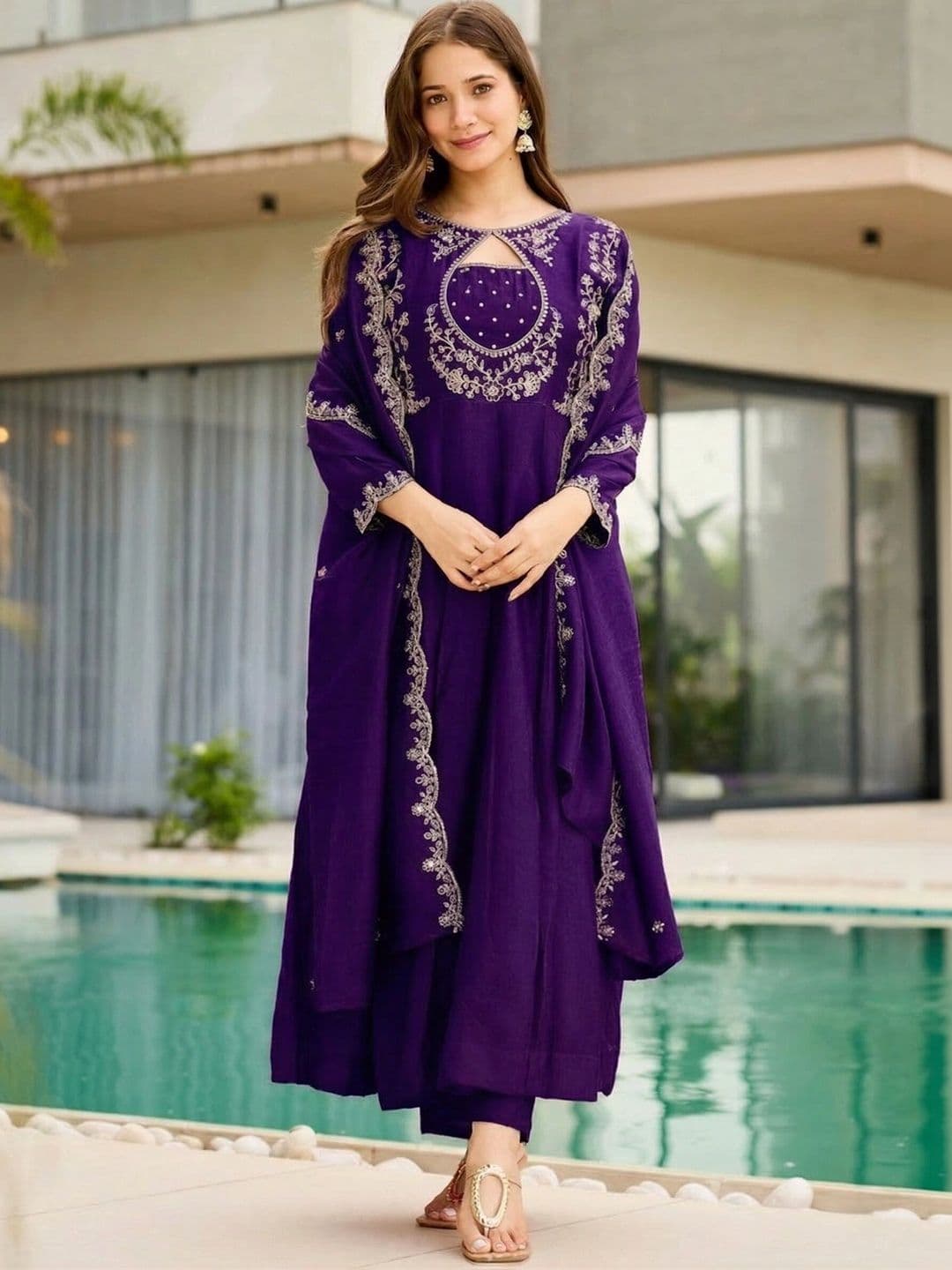 Sangria Women Ethnic Motifs Embroidered Empire Thread Work Kurta with Trousers & With Dupatta - view 1