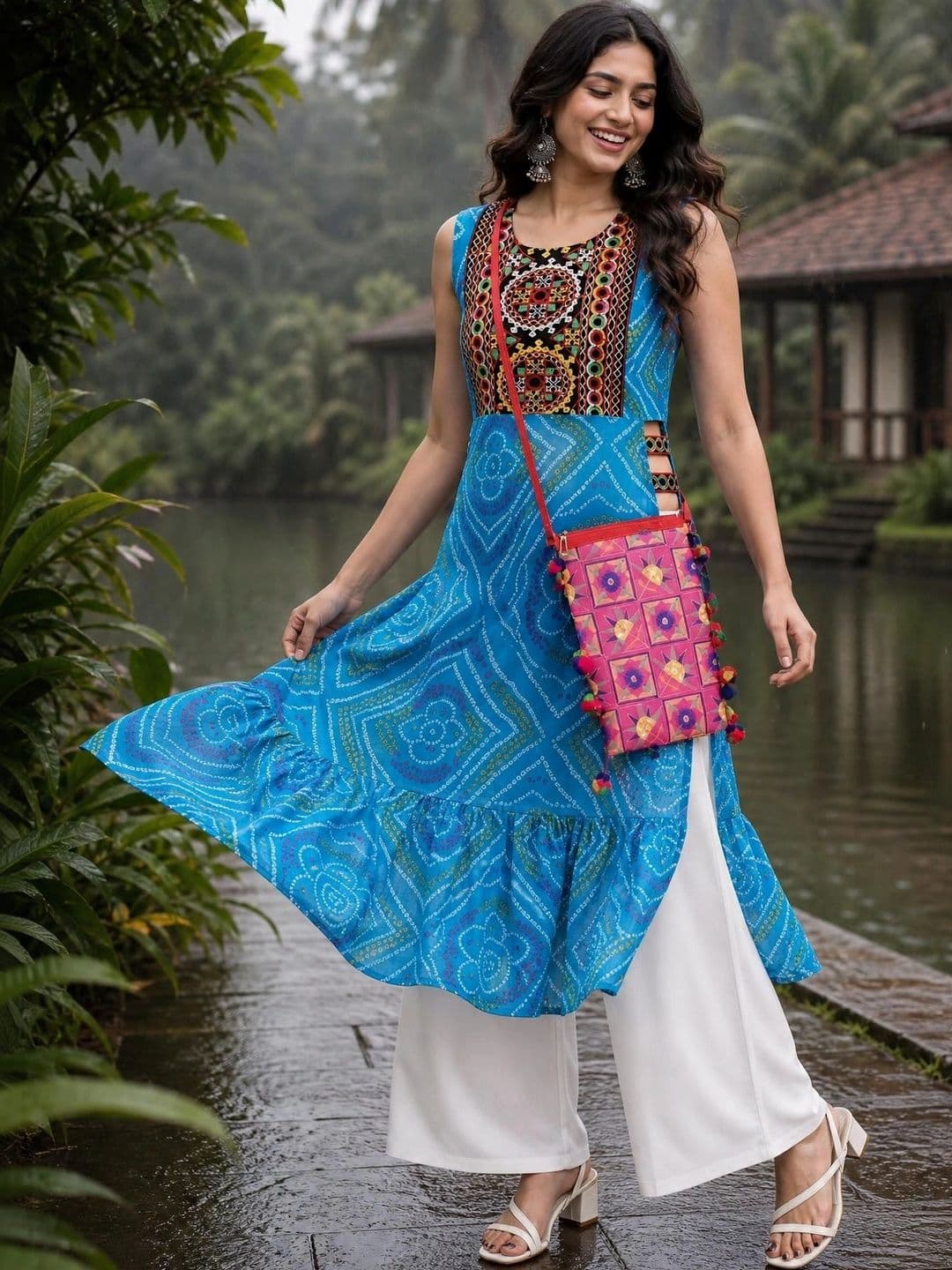 Youthnic Women Bandhani Printed Thread Work Indie Prints Georgette Kurta - view 1