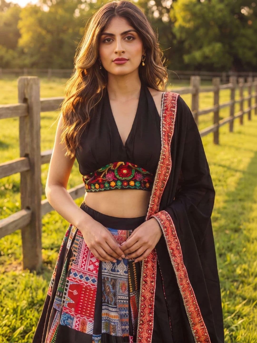 JIHU CULTURE Embroidered Thread Work Semi-Stitched Lehenga & Unstitched Blouse With Dupatta thumbnail 6