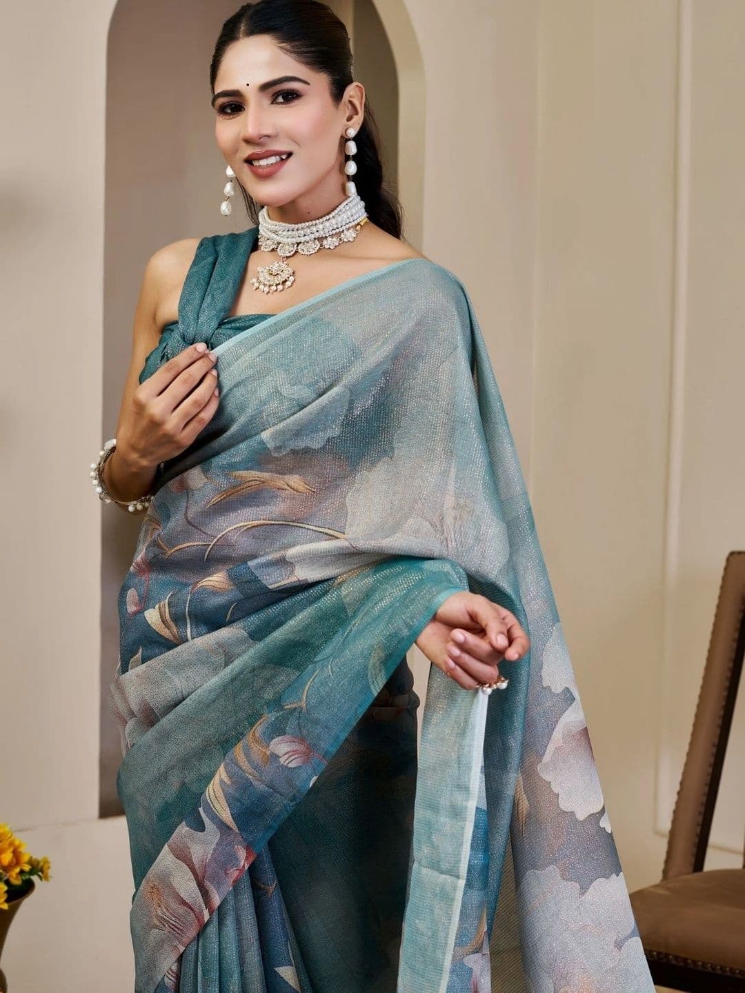ZAMUNA Floral Tissue Designer Bhagalpuri Saree thumbnail 5