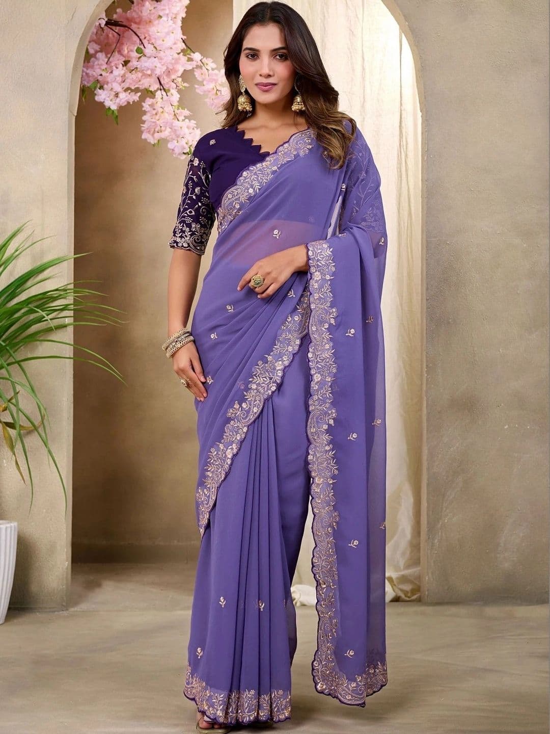 Tradivibe Floral Embroidered Pure Georgette Heavy Work Saree - view 1
