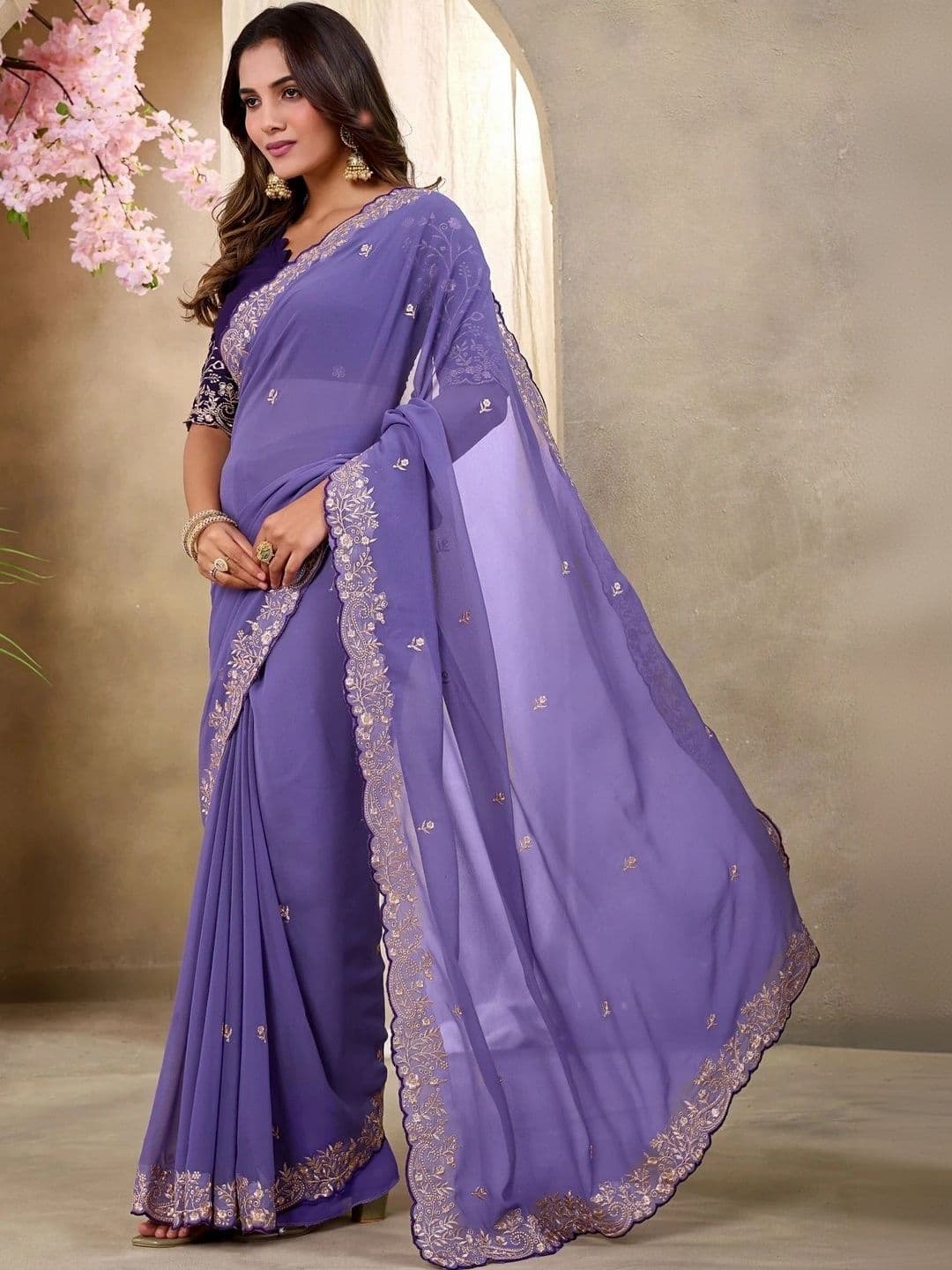 Tradivibe Floral Embroidered Pure Georgette Heavy Work Saree thumbnail 6