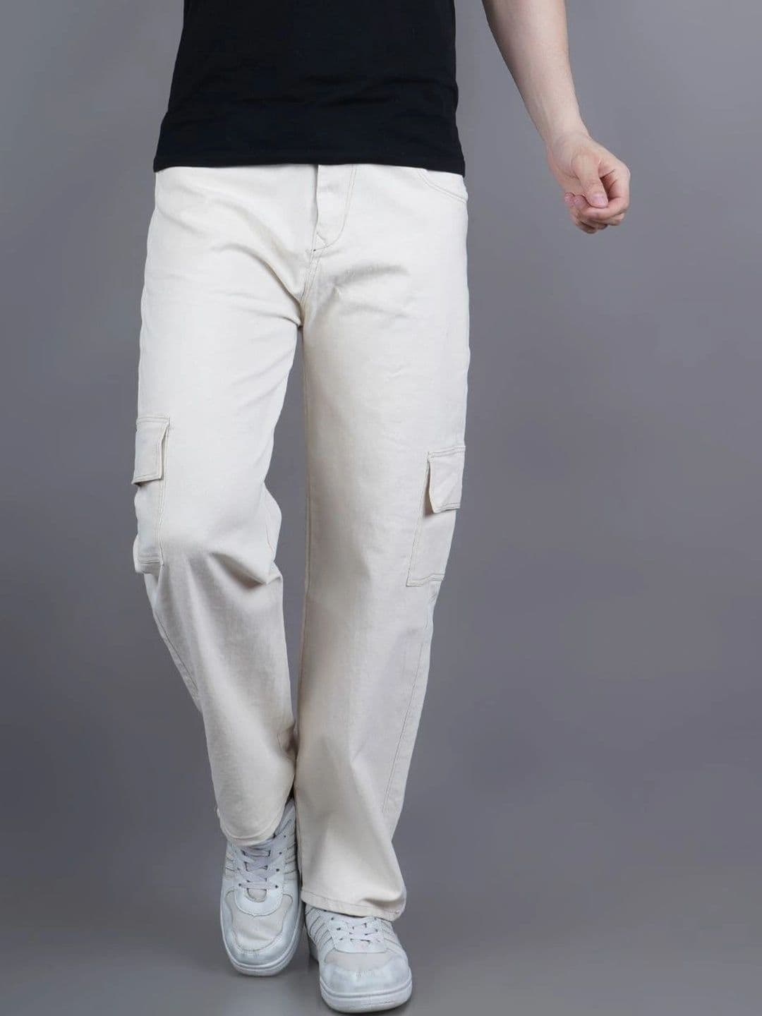 HERE&NOW Men's Mid-Rise Beige Cargo Jeans with Relaxed Straight Wide-Leg Fit - view 1