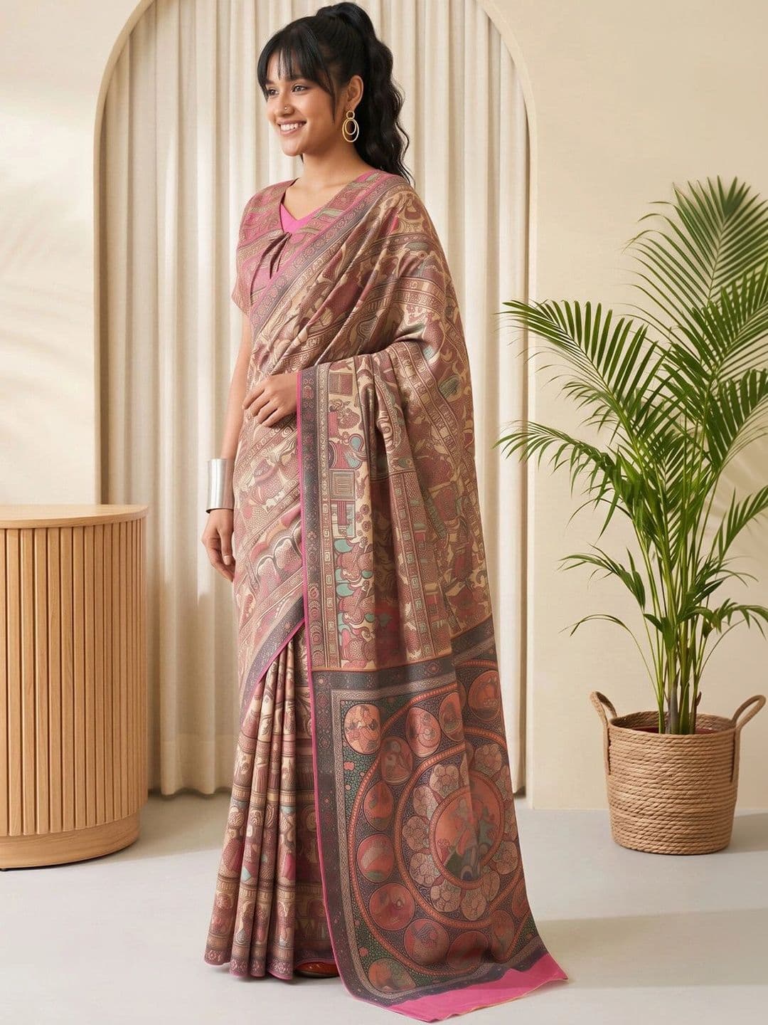 Sangria Kalamkari Silk Blend Designer Baluchari Saree thumbnail 6