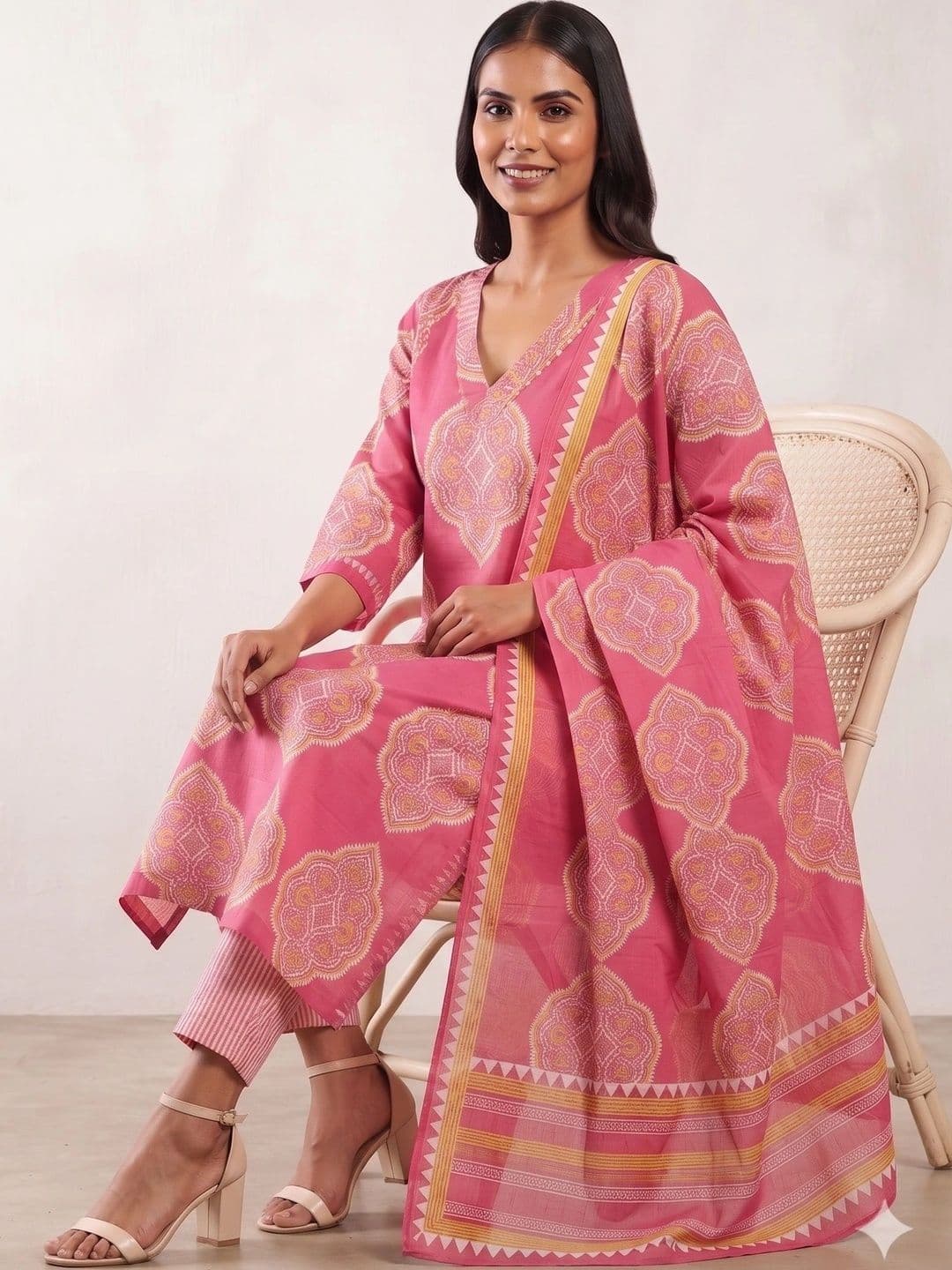 NAVYAAZRI Women Ethnic Motifs Printed Regular Pure Cotton Kurta with Trousers & With Dupatta thumbnail 4