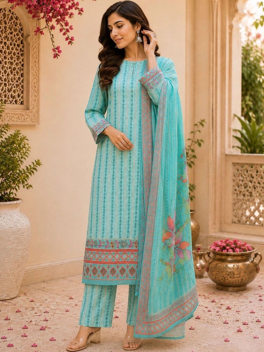 SOURAGYA Women Ethnic Motifs Printed Regular Pure Cotton Kurta with Palazzos & With Dupatta thumbnail 4